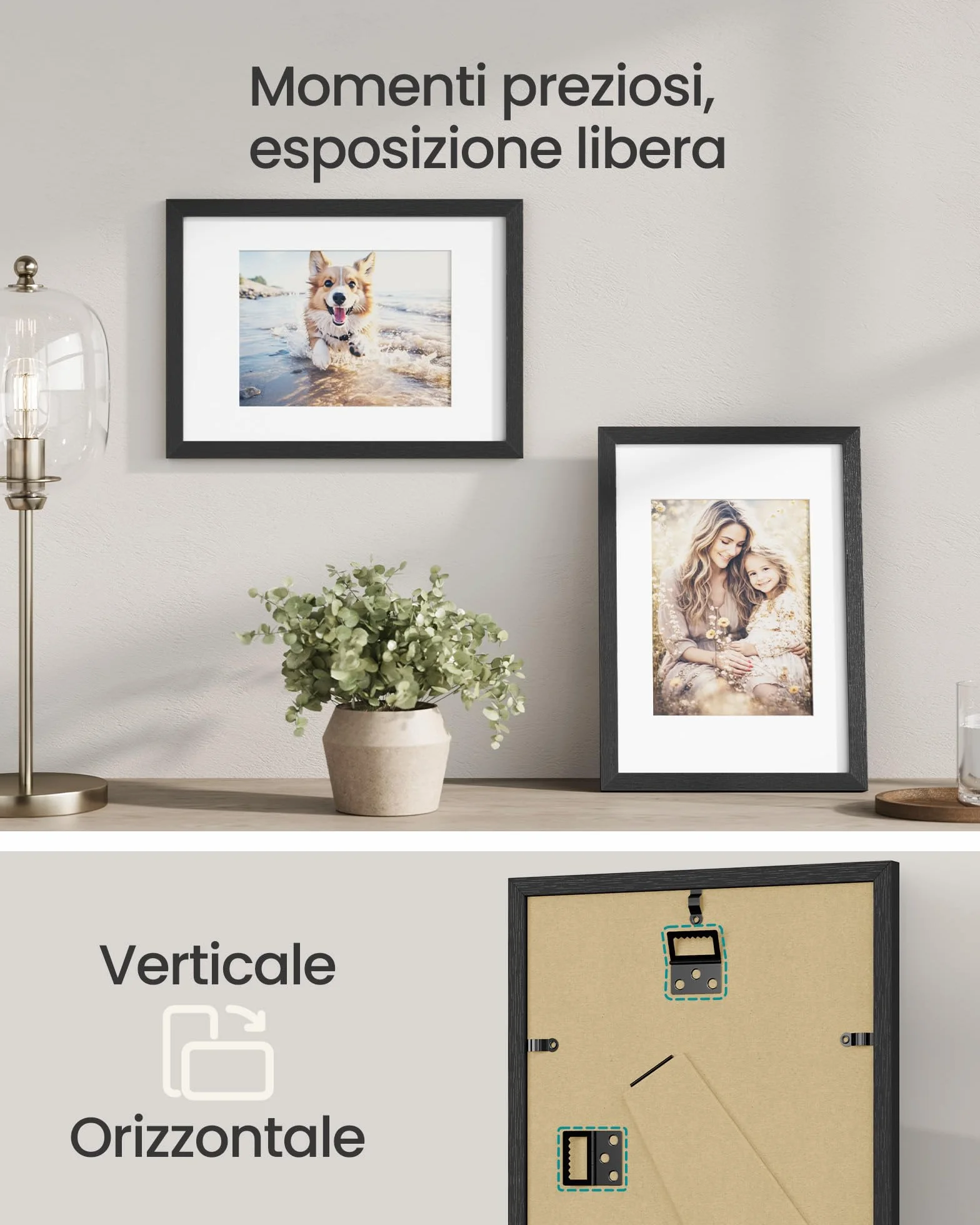SONGMICS Cornici Foto A4, Portafoto da Parete e da Tavolo, in Pannello MDF, con Chiodi senza Traccia, Set di 3, Nero RPF056BZ01