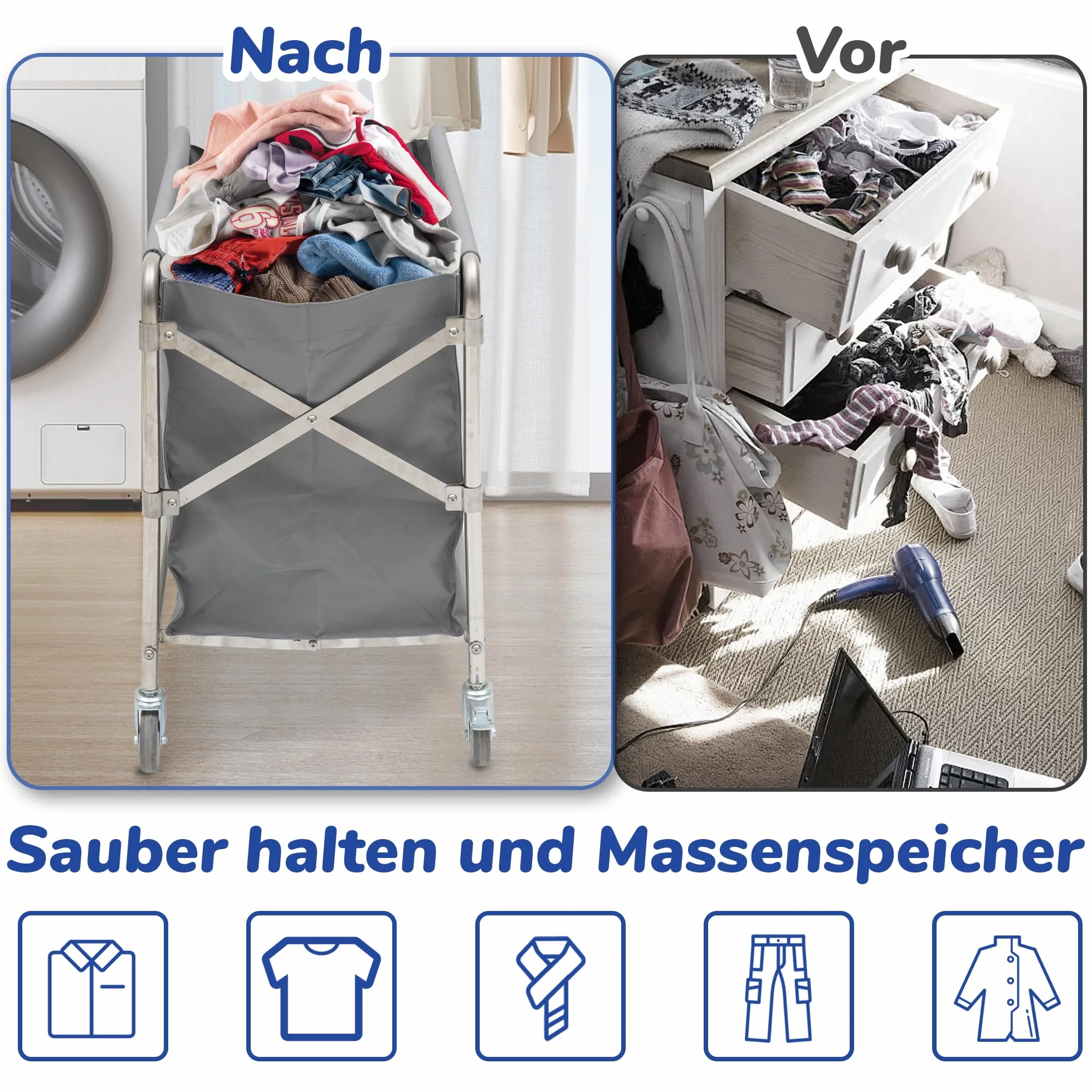 bimiti Carrello per la biancheria, in acciaio inox, con ruote, pieghevole, con portata di 100 kg, per la casa, hotel, 87 x 52 x 78 cm