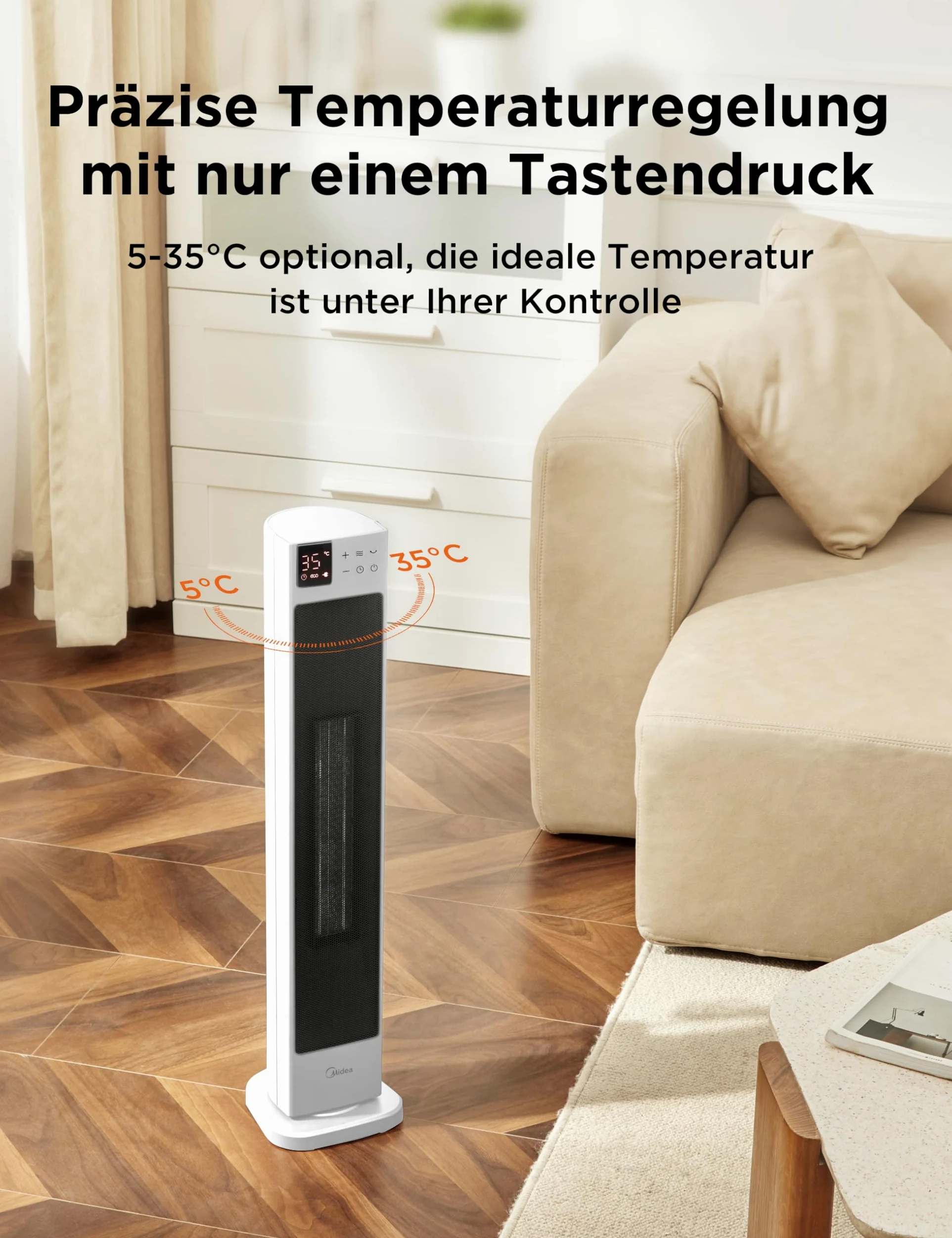 Midea NTH20-22GR(WH) - Termoventilatore a risparmio energetico, silenzioso, con telecomando, PTC, 2000 Watt, termostato, 2 livelli di calore, timer 24 ore, modalità ECO, per grandi ambienti