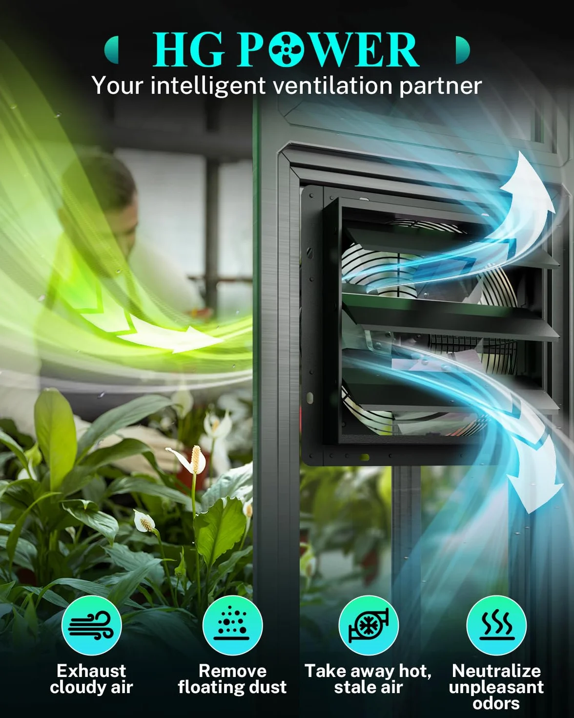 HG Power Ventilatore di scarico da 300 mm con controllo della temperatura e dell'umidità, intelligente industriale da parete, 1650 m³/h, per cantina, garage, cucina, serre