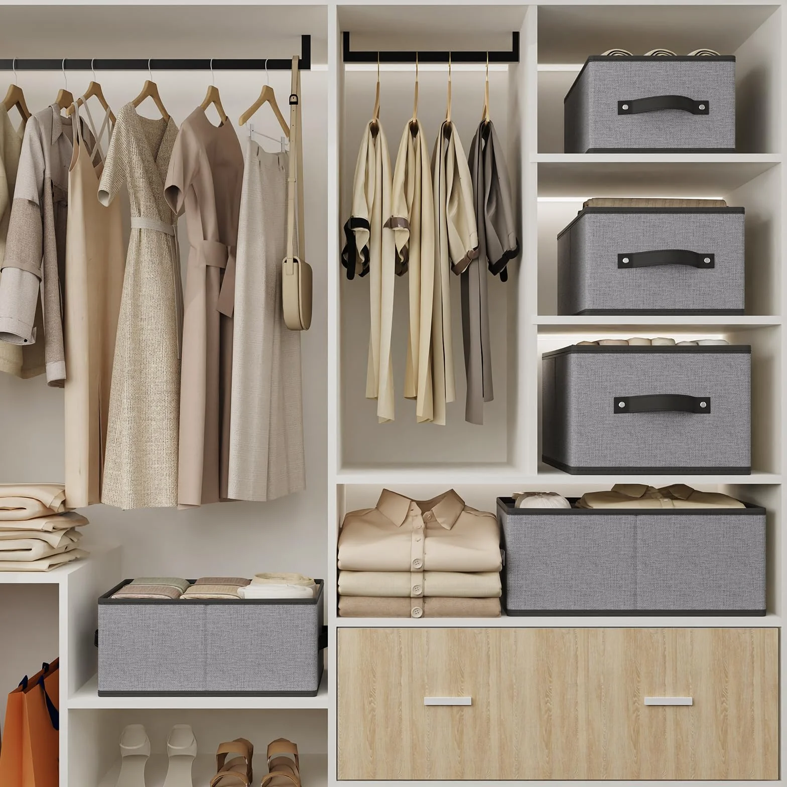 Scatole Portaoggetti 4 Pezzi, Organizzatore Cassetti con Maniglie, Grigio 33x23x14cm