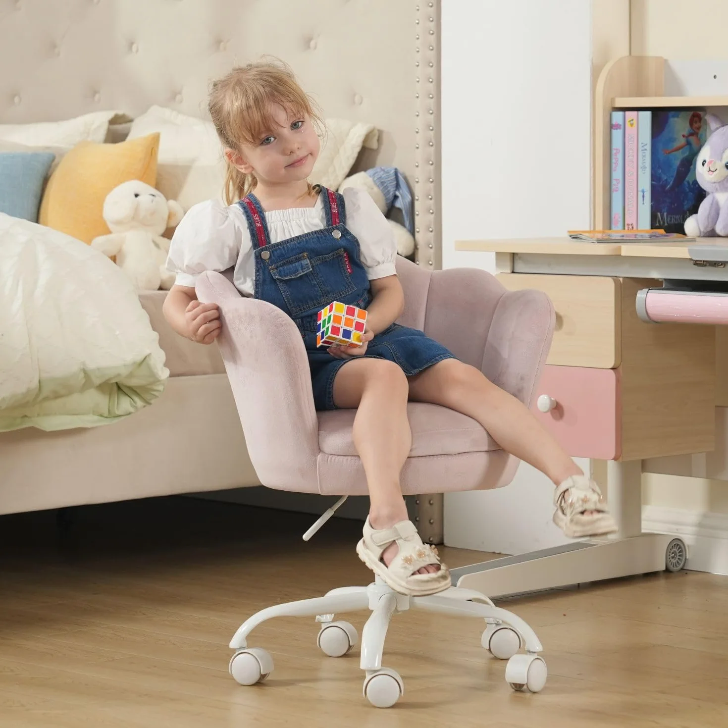 Wahson Sedia da Scrivania per Bambini Poltrona Girevole in Velluto Regolabile in Altezza Sedia da Studio per Cameretta Ragazza (Rosa Chairo)