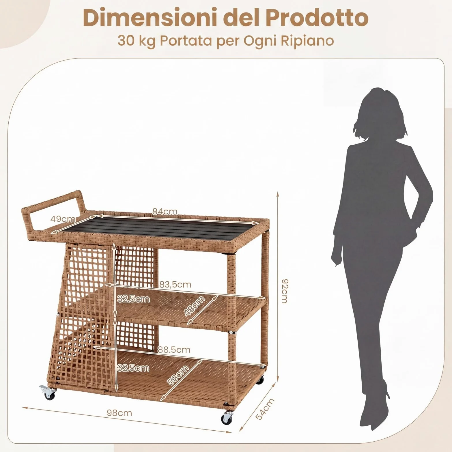 SOARS Carrello Bar in Rattan, Carrello Portavivande con 3 Ripiani Aperti e 4 Ruote, Maniglia Ergonomica, Moderno Carrellino Servizio Esterno Interno per Giardino, Terrazzo, Cucina, 98 X 54 X 92 CM