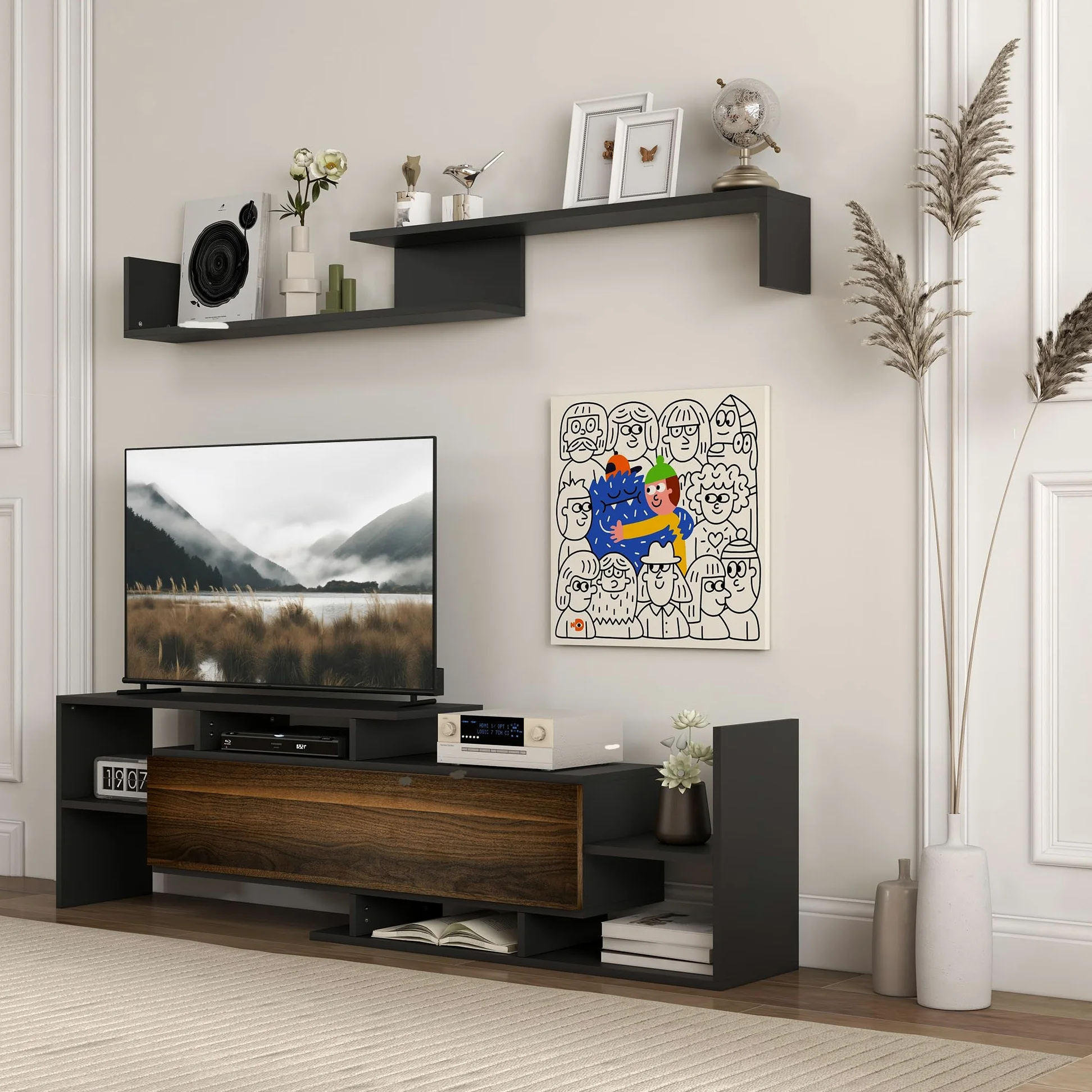 HOMCOM Mobile TV con Mensola a Muro, Ripiani Aperti e Armadietto in Legno, Mobile TV Moderno per Soggiorno e Camera da Letto, Nero e Marrone