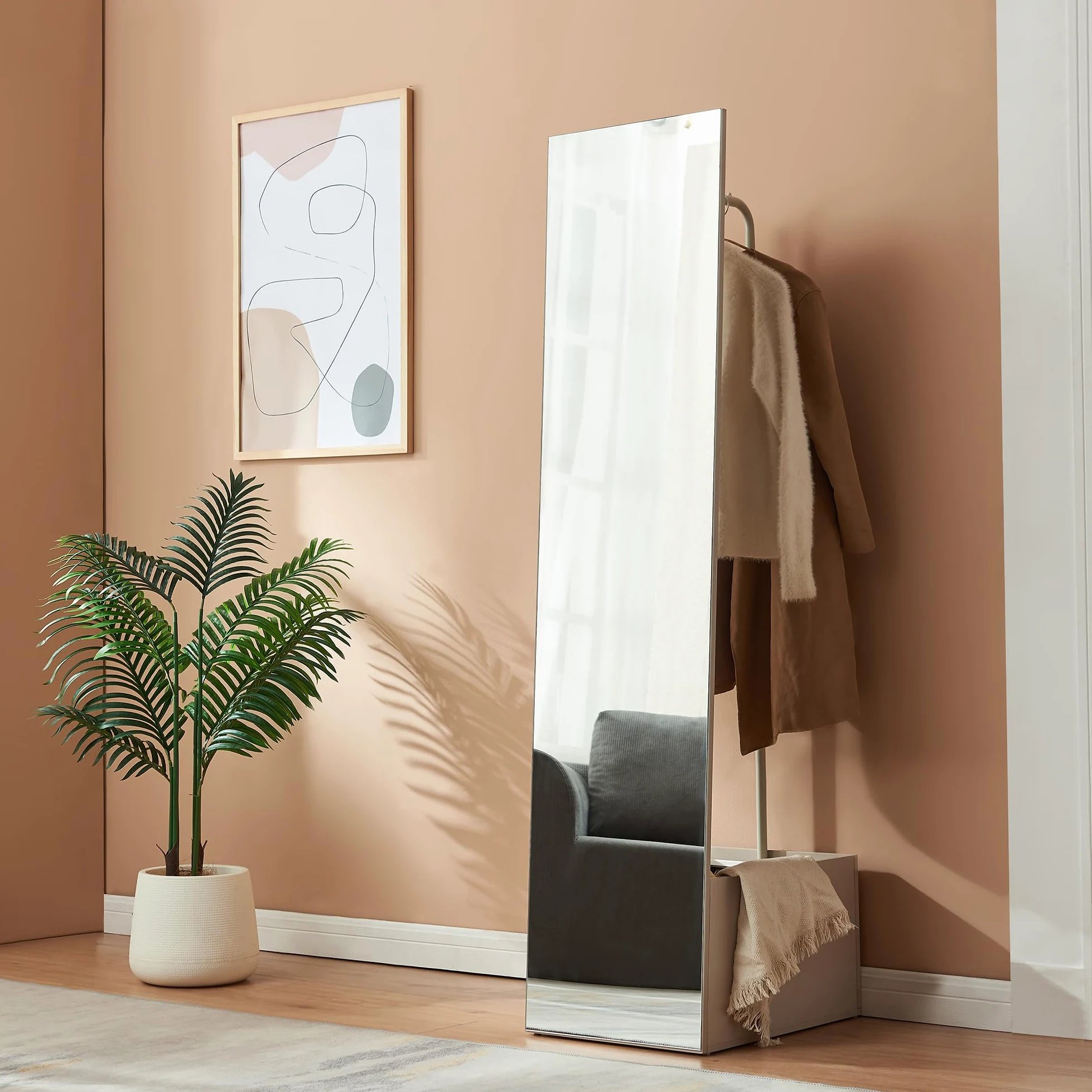 [en.casa] Specchio a Figura Intera con Stand Barra Appendiabiti Specchio Rettangolare da Terra e Vano Porta Oggetti Vestiti per Ingresso Camera da Letto Guardaroba 165x40x51 cm - Avena Oatmeal