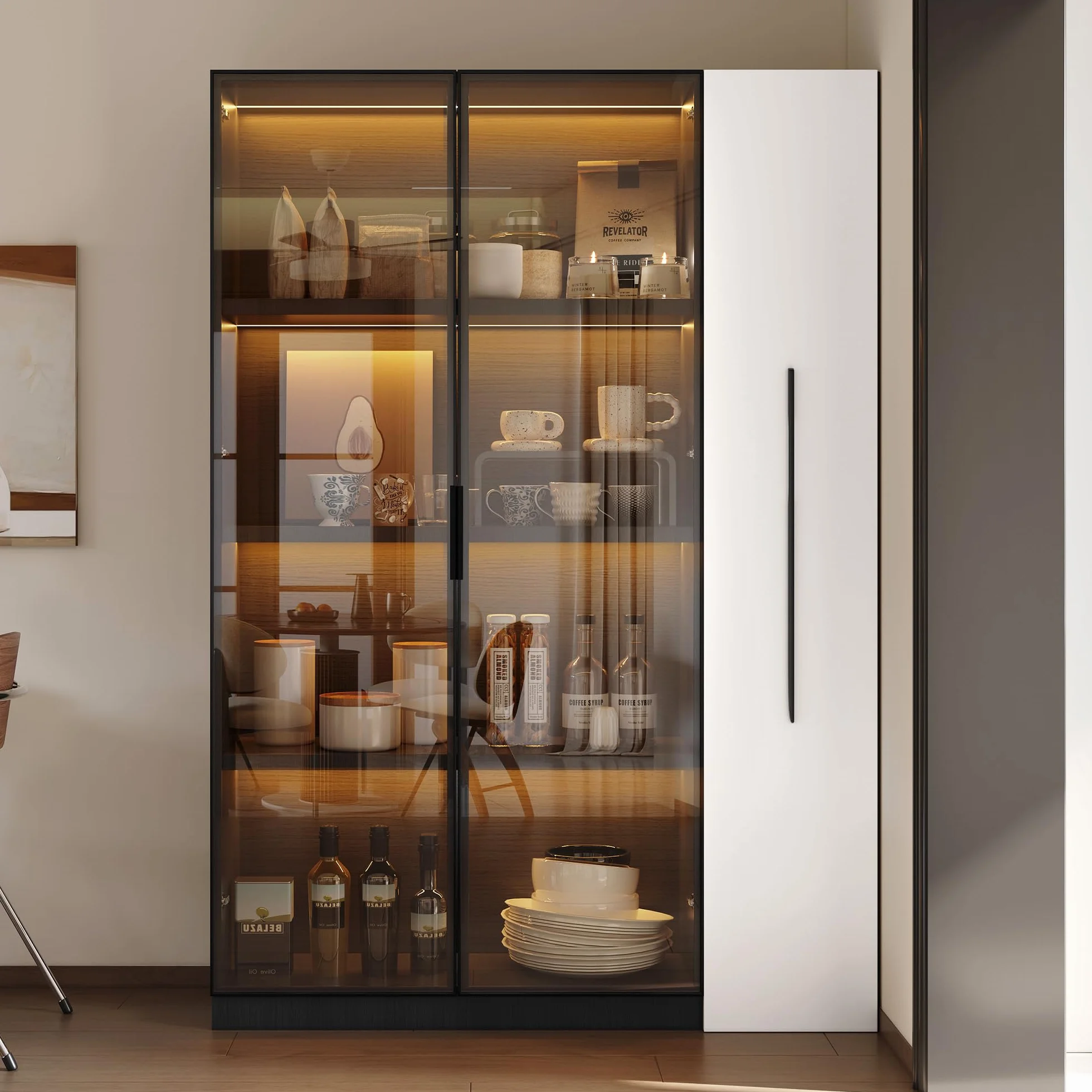 Armadio multifunzione/alto/da sala da pranzo 110,5 x 35 x 160 cm, vetrina con anta in vetro e LED, estensione laterale, design in bianco e nero, stile moderno, (nero, 110,5 x 5 x 160 cm)