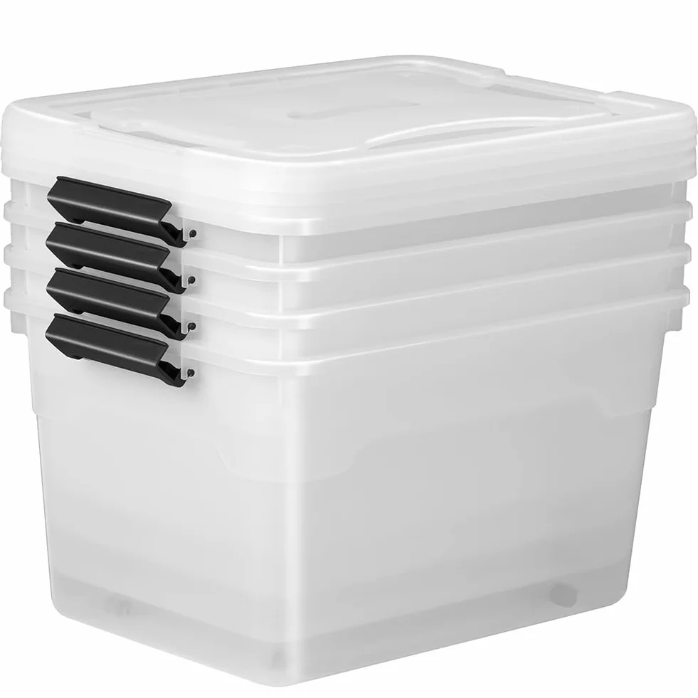 BAKAJI Set 4 Contenitori con Coperchio per Vestiti in Plastica con Ruote, Impilabile per Stoccaggio, 60 Lt Alto
