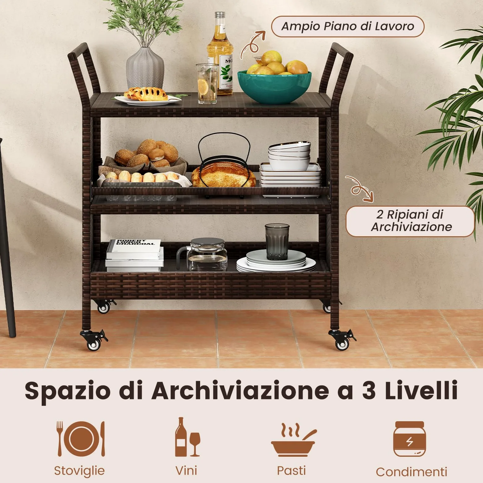 COSTWAY Carrello da Bar da Esterno, Mensola di Stoccaggio in Vimini con 3 Livelli Ruote e Maniglie Laterali, Tavolino da Servizio per Giardino Bordo Piscina Veranda, 86 x 50 x 89 cm