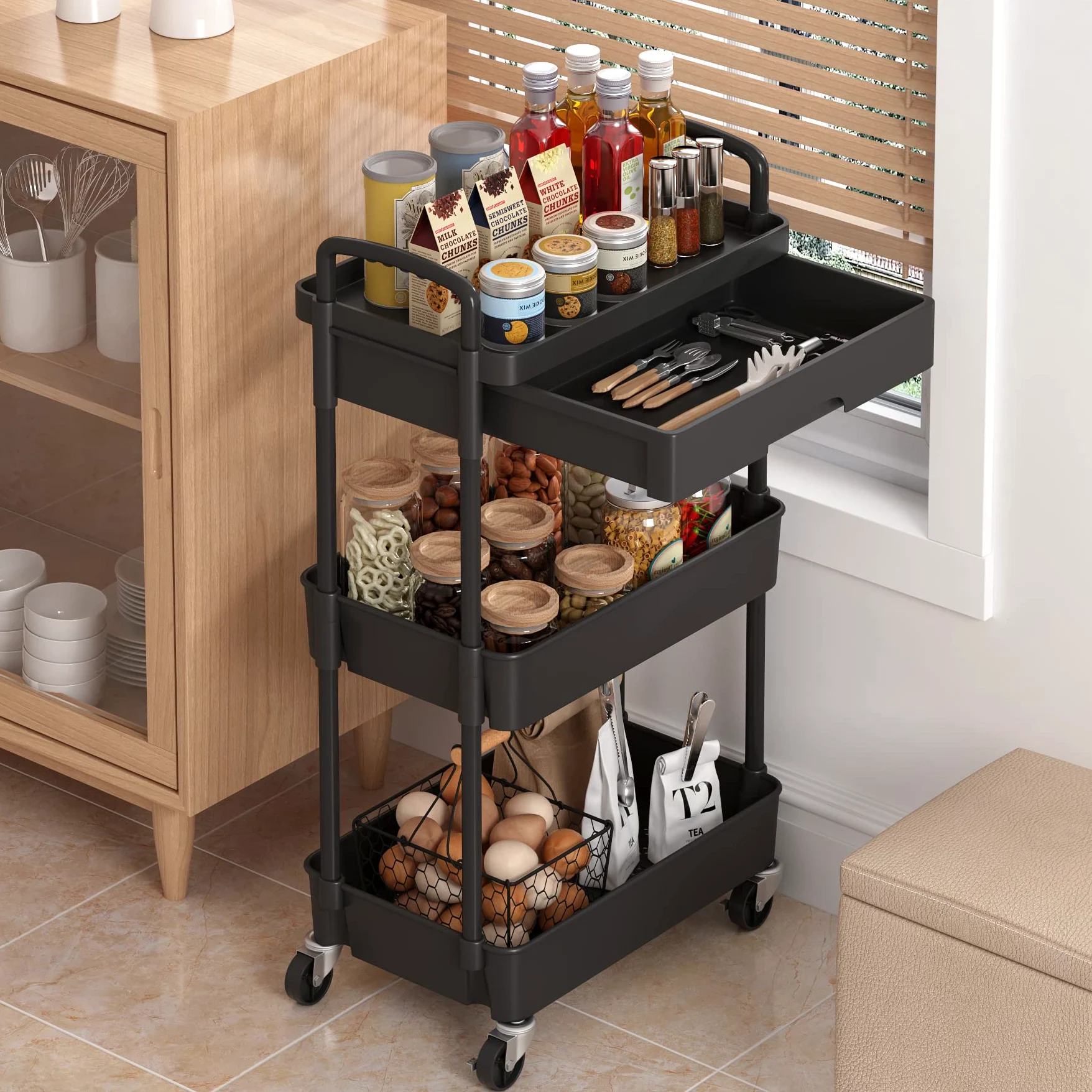Dttwacoyh, Pratico carrello portatile a 3 livelli con cassetti, carrello portaoggetti con ripiani in plastica, adatto per uffici, cucine, lavanderia, bagno, trucco, nero