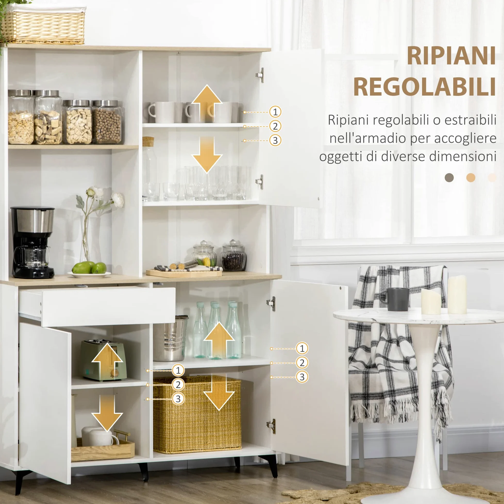 HOMCOM Dispensa Cucina in Truciolato e MDF con Ripiani Aperti, Armadietti e Cassetto per Utensili ed Elettrodomestici, 119x41x180 cm, Bianco