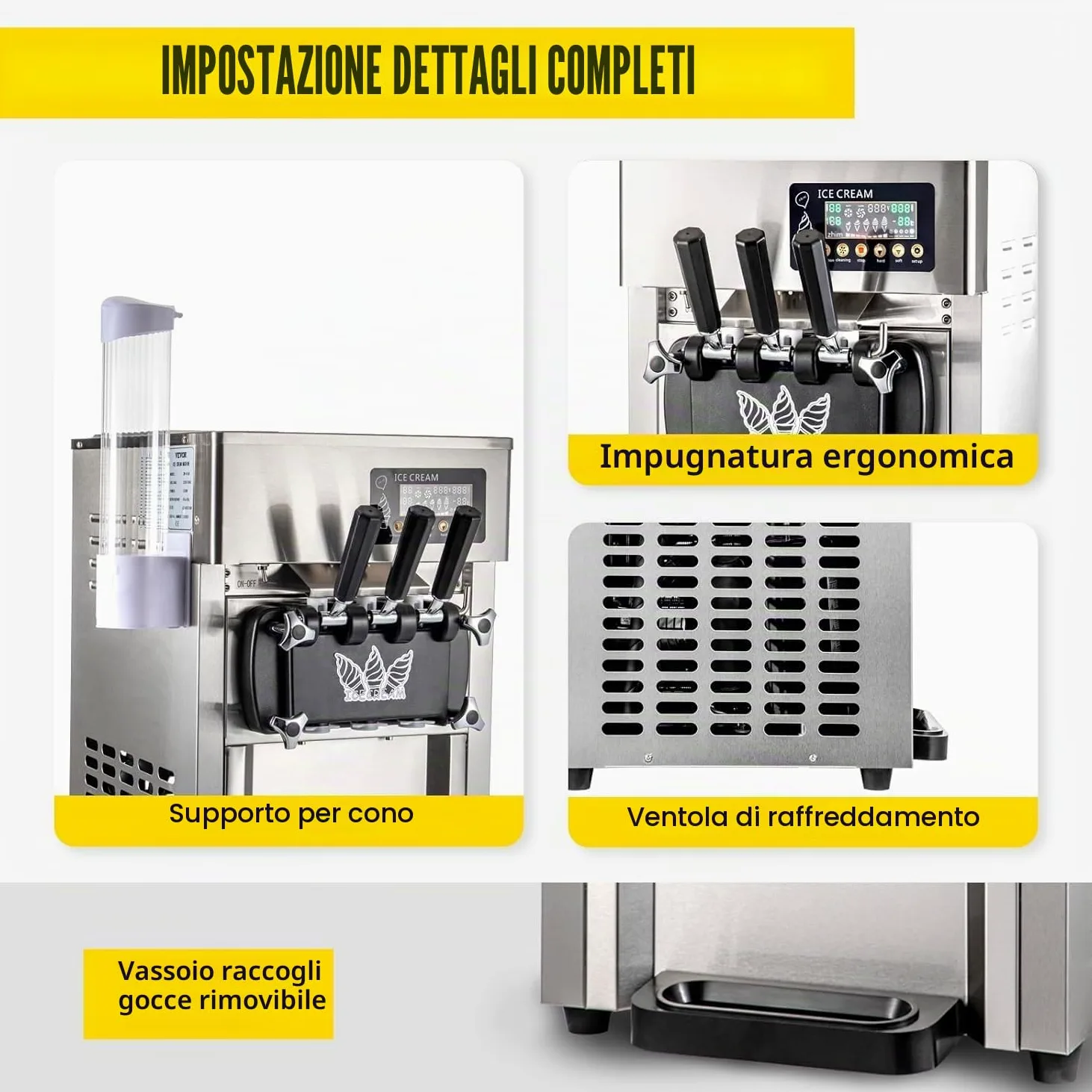 Macchina per Gelato Commerciale 18L/H 3 Sapori, 1200W macchina gelato soft professionale, Pannello LCD, Pre-Raffreddamento Pulizia Automatica, per Yogurt Caffè Snack-Bar Ristorante