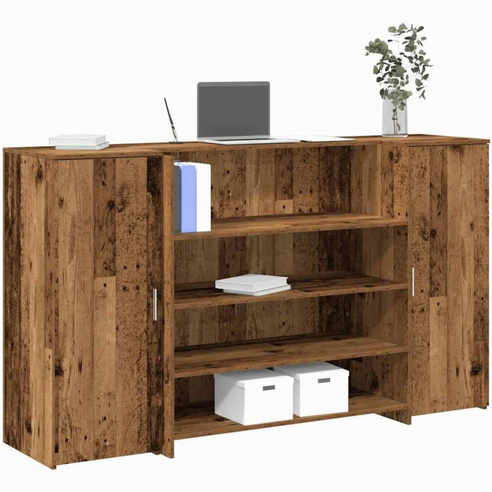 Bancone per ricevimento, effetto legno anticato, 3 pezzi, 180 x 50 x 103,5 cm | Banco di consulenza modulare con molto spazio per ufficio, studio di bellezza, hall hotel e studi medici.