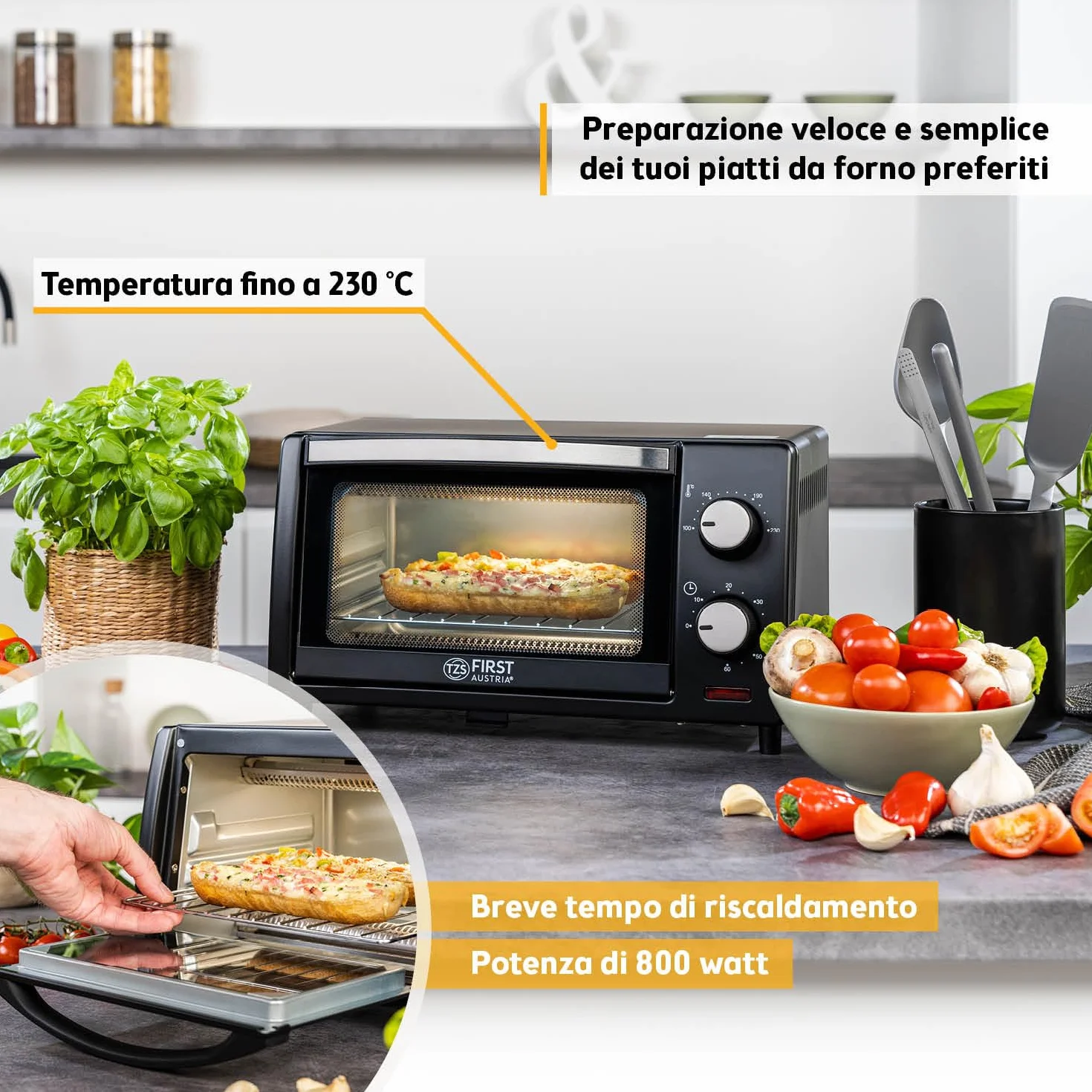 Forno Mini 10L 800W First Austria Fornetto con regolazione temperatura 230°C timer 60 min 2 altezze teglia griglia