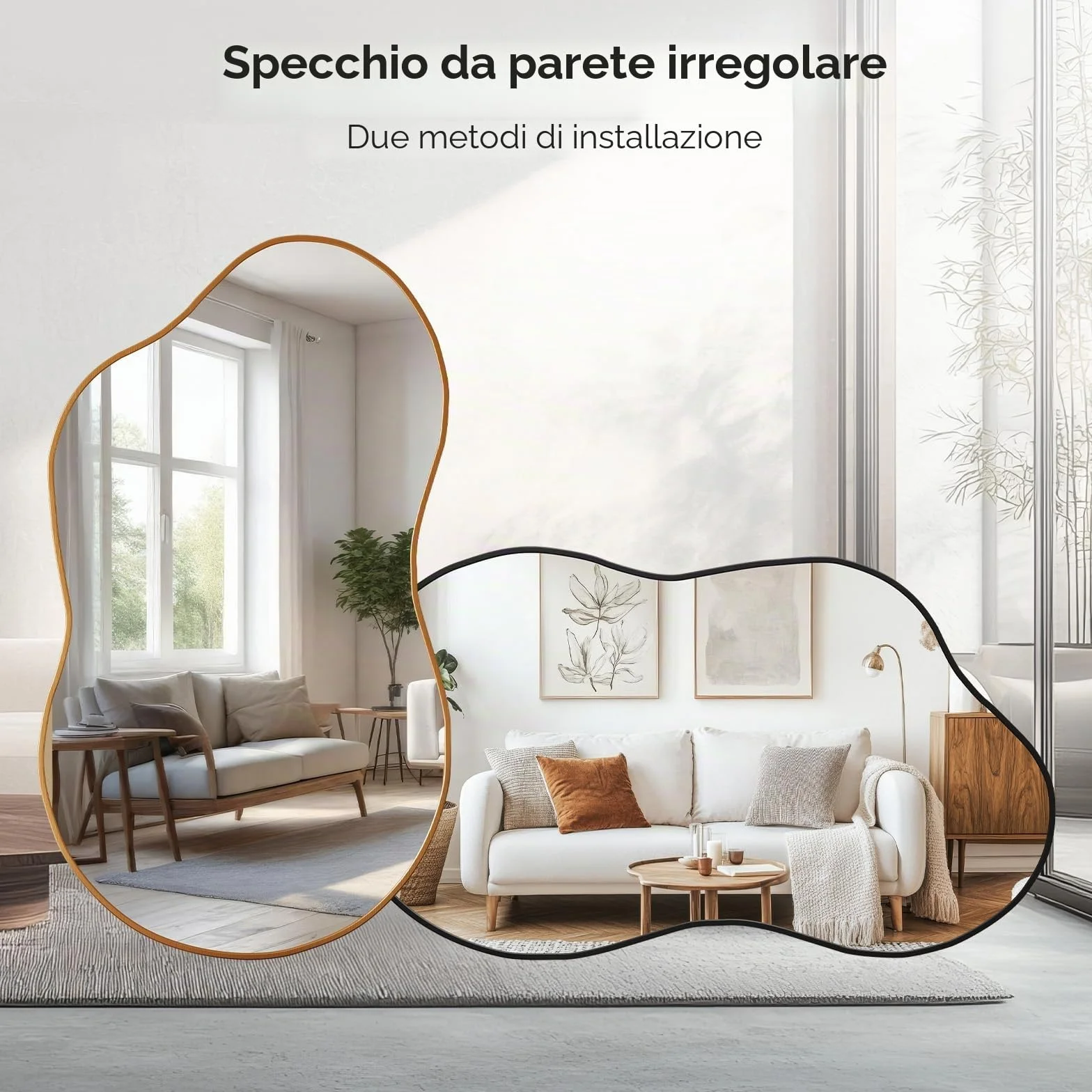 MAMIZO Specchio asimmetrico, 50 x 91 cm, specchio da parete di forma irregolare, vetro temperato, cornice in alluminio, specchio decorativo, specchio da trucco unico, specchio da bagno, oro