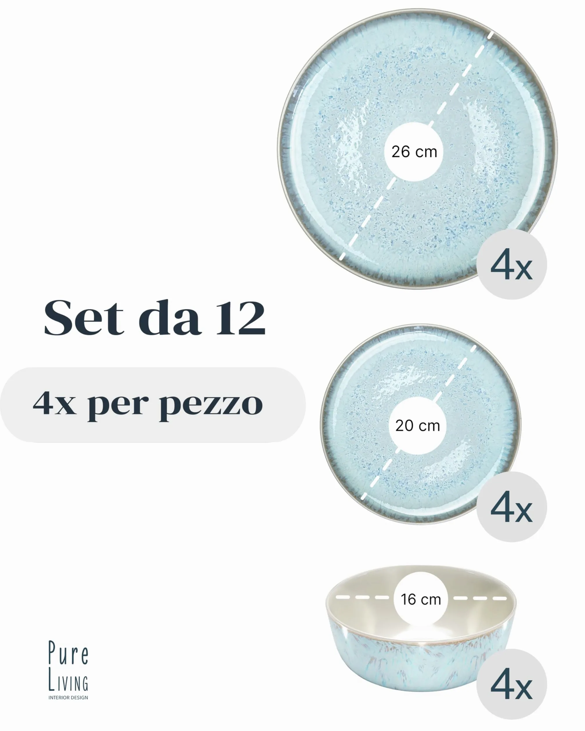 Servizio Piatti Ibiza per 4 Persone, 12 Pezzi Set Piatti Moderni Compatibile con Lavastoviglie e Microonde - Set da Tavola e Cucina di Pure Living Beige-blu