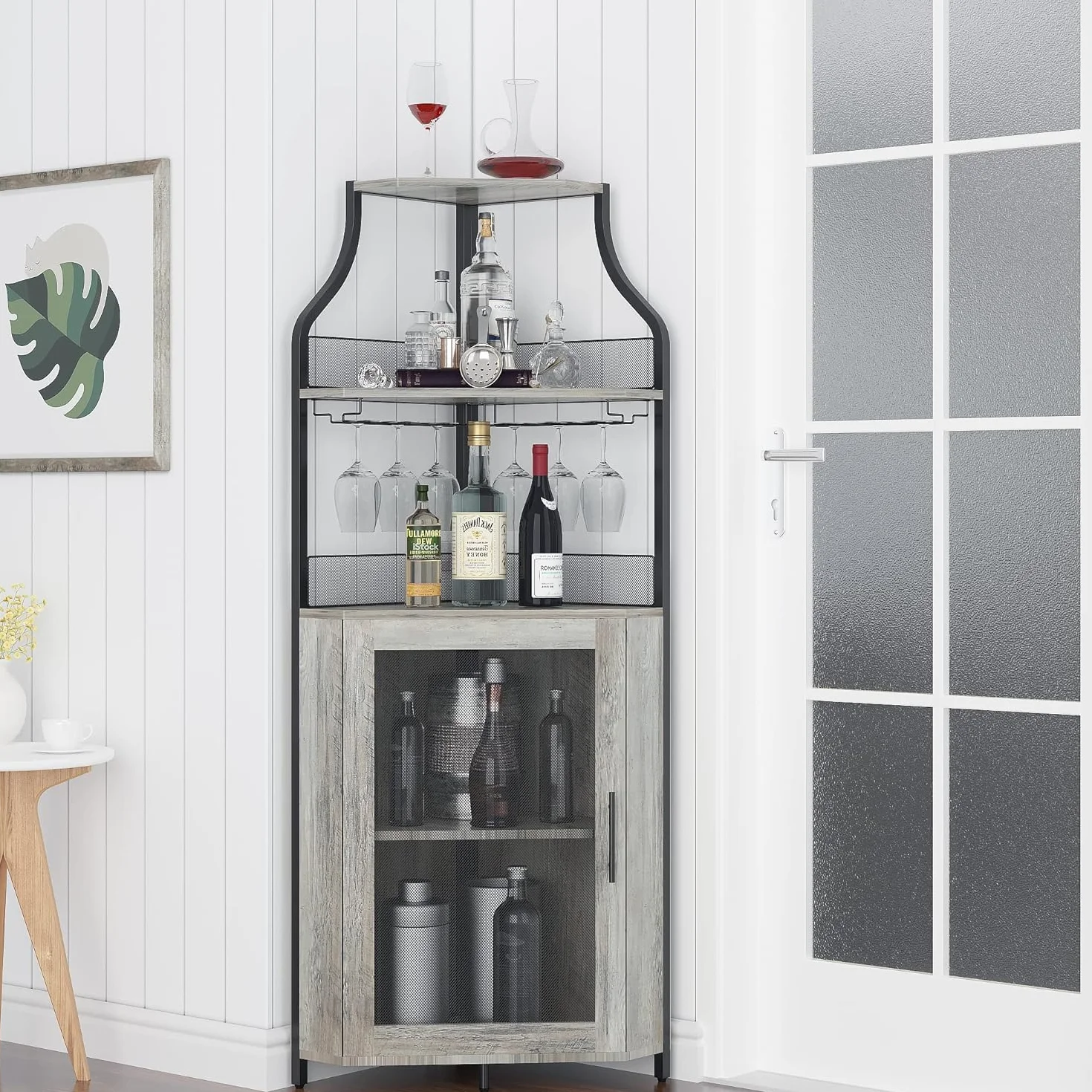 Armadietto angolare in legno con 2 supporti in vetro, armadio ad angolo con ante in metallo e 4 ripiani, cucina con superficie di lavoro, mobili da bar per ingresso, soggiorno, cucina (152 x 90 x 32