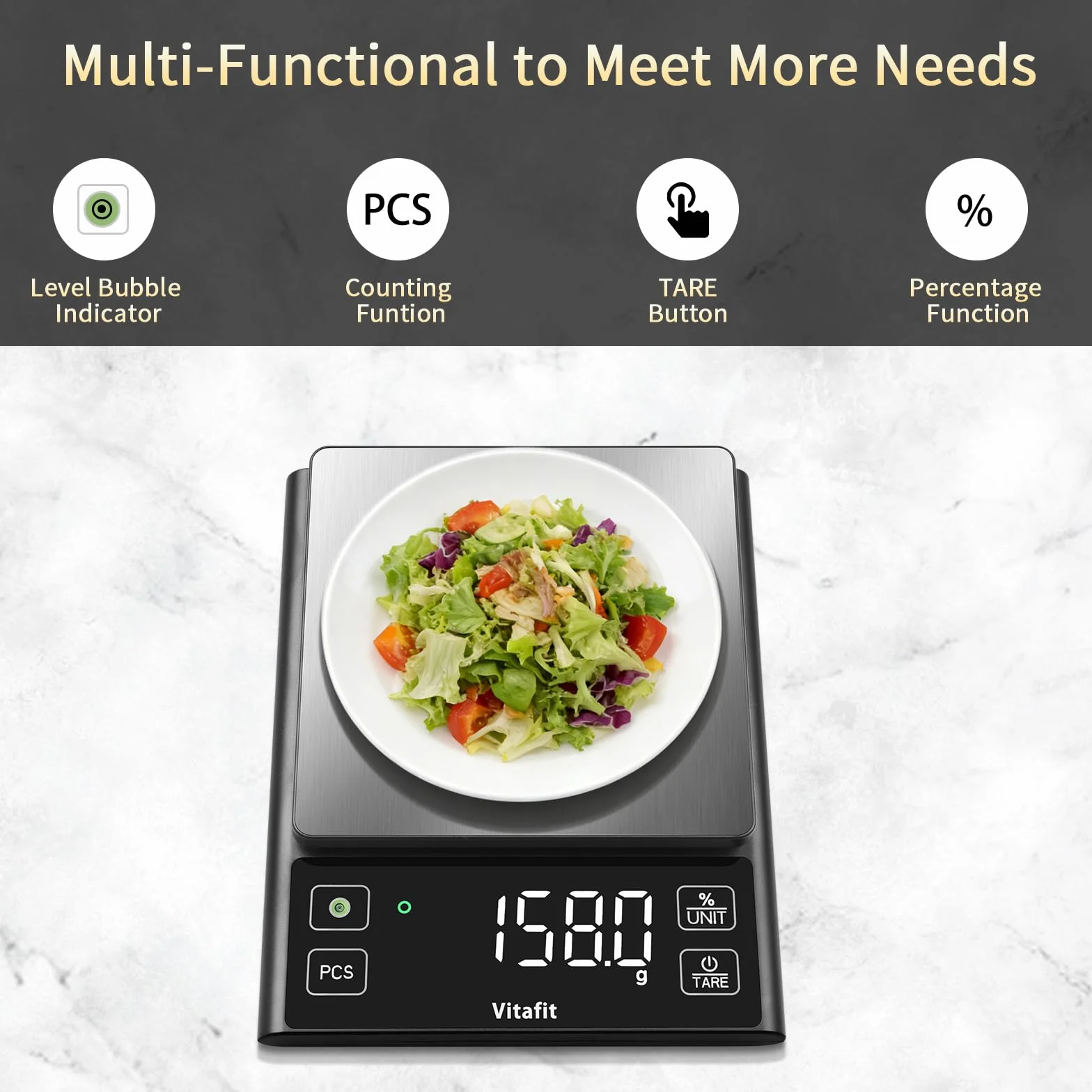 Vitafit 5kg Bilancia Cucina Digitale, Precisione 0.1g dalla Nostra Bilancia Fabbrica Professionale Dal 2001, Bilancia Alimentare Funzione Percentuale per cucinare & caffè, Acciaio Inox, LED, Nero