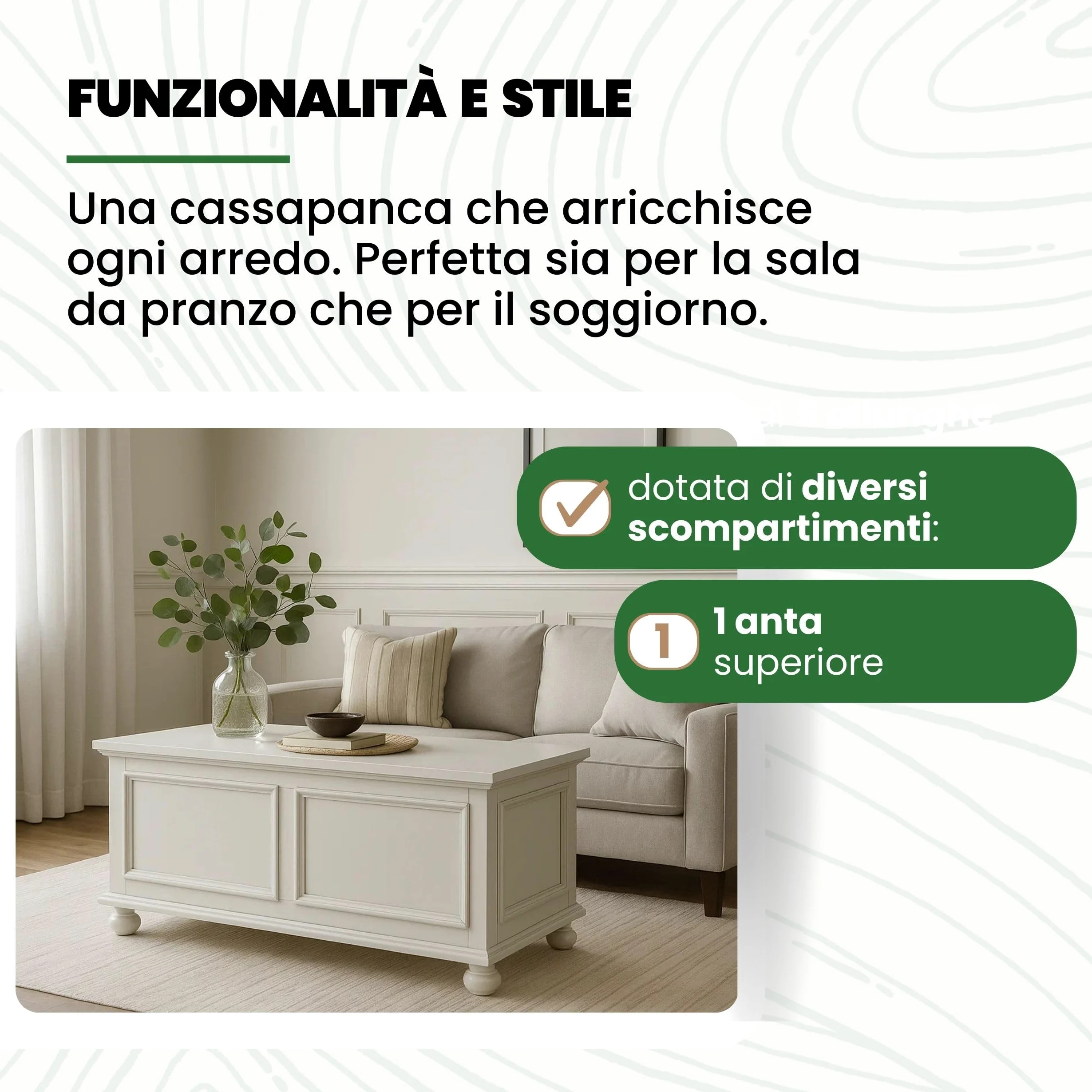 Mar.c.a. Design - Cassapanca in Legno da Interno 1 Anta 120x44x51 cm - Cassapanca con Piedini a Cipolla Made in Italy