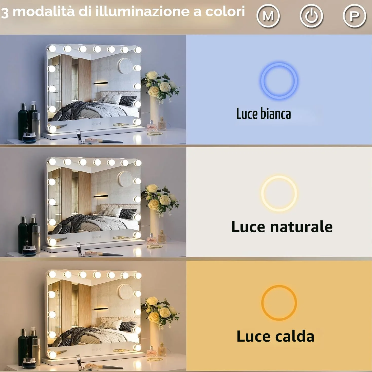 Hollywood Specchio Trucco con Luci,15 LED,50x40 cm,Specchio da parete,3 Temperature di Colore,Controllo touch e lente d'ingrandimento 10X,USB,Specchio da tavolo,specchio con luci make up,Bianco