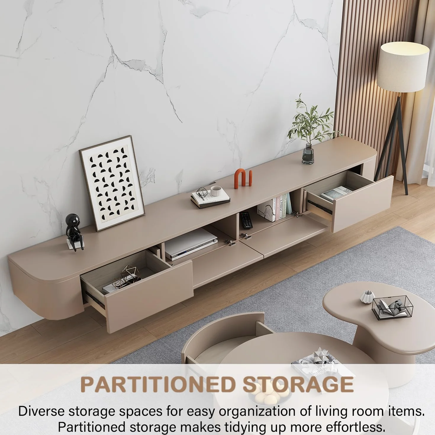 Mobile TV Sospeso Moderna | Consolle Multimediale da Parete | Grande Mobile TV con Spazio di Archiviazione per Soggiorno e Ufficio (kaki, 220cm)
