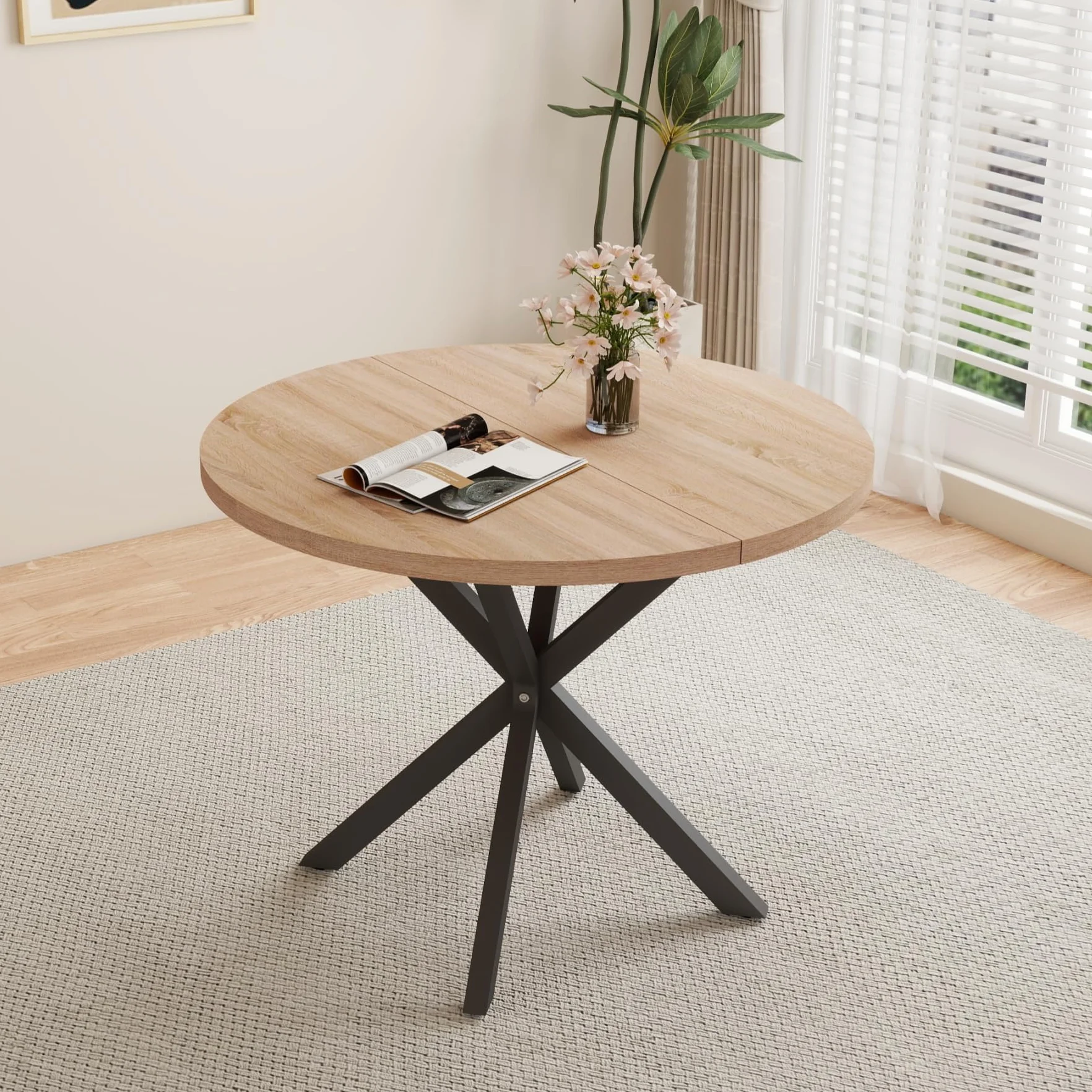 GrandCA HOME Tavolo da Pranzo con 4 Sedie, Tavolo da Pranzo Rotondo da 100 CM, Sedia da Cucina Imbottita Trasparente, Set Tavolo da Pranzo e Sedie (Chiaro + Grigio)