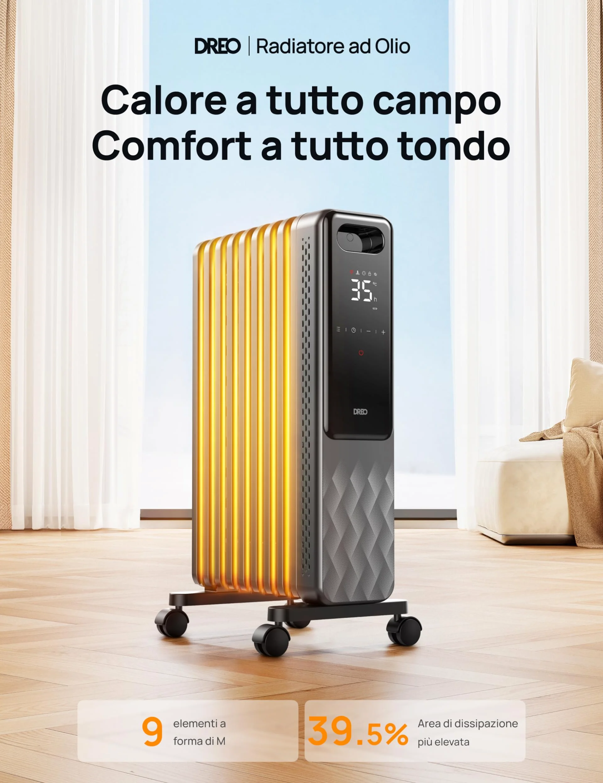 DREO Radiatore Elettrico Basso Consumo 2000W, Radiatore ad Olio 9 Elementi con Telecomando, 3 Livelli, 4 Modalità, Timer 24h, Protezione Surriscaldamento e Ribaltamento, Riscaldatore con Termostato