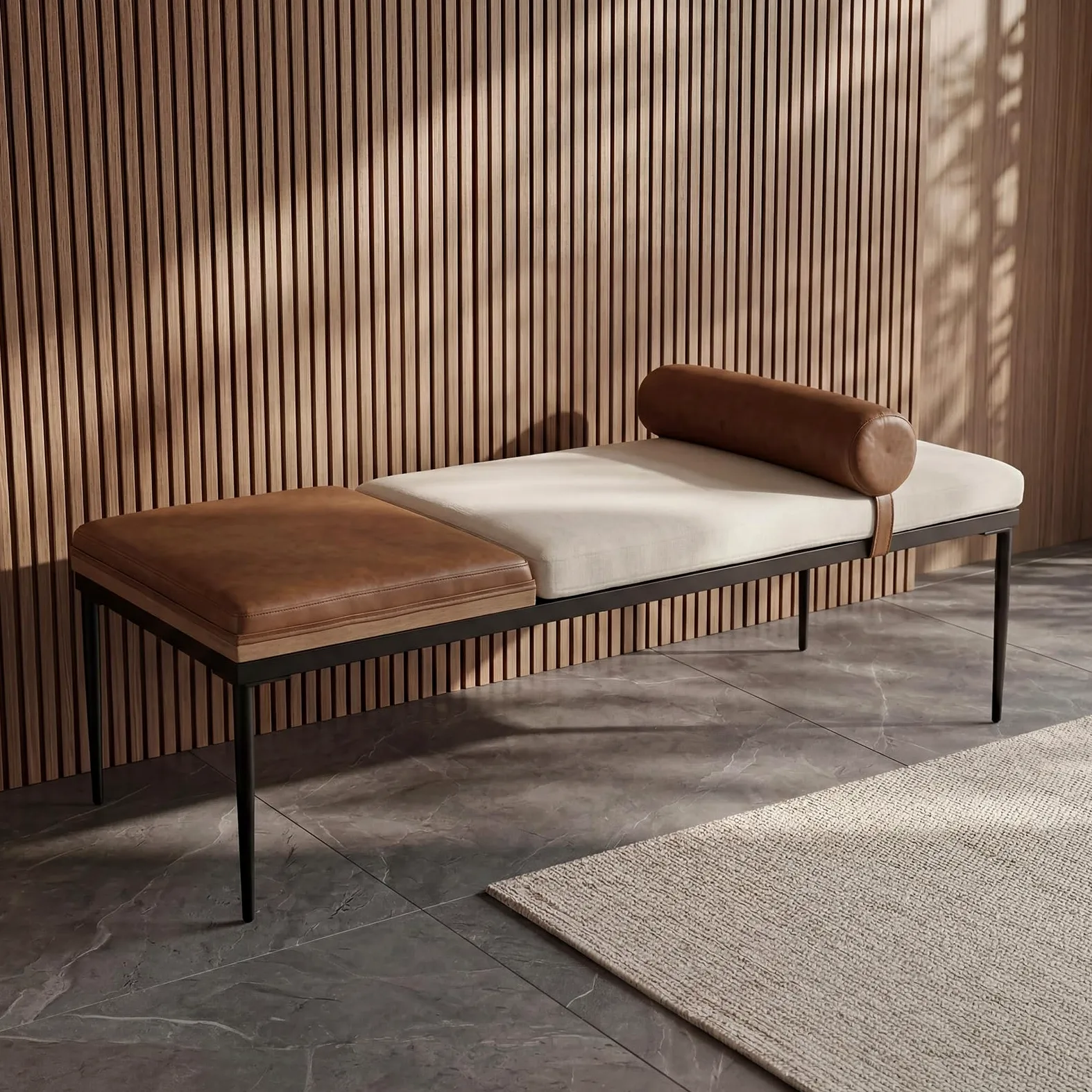 Ya-Home Panca Ingresso con Vassoio in Legno e Gambe in Metallo, Panca Camera da Letto in Pelle e Tessuto di Ciniglia 140x55x47 cm, Bianco