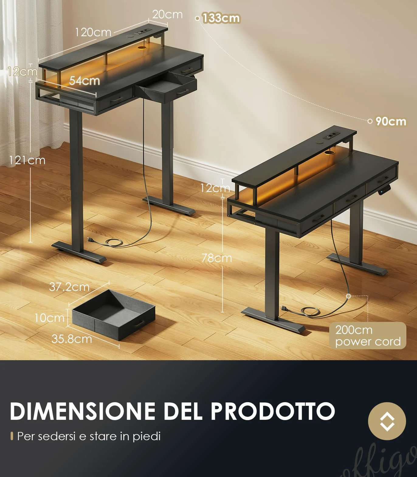 OffiGo Scrivania Elettrica con Cassetti, 120cm Scrivania Elettrica con Supporto per Monitor, Scrivania Gaming con Prese e LED Luminosa, Scrivanie, Nero