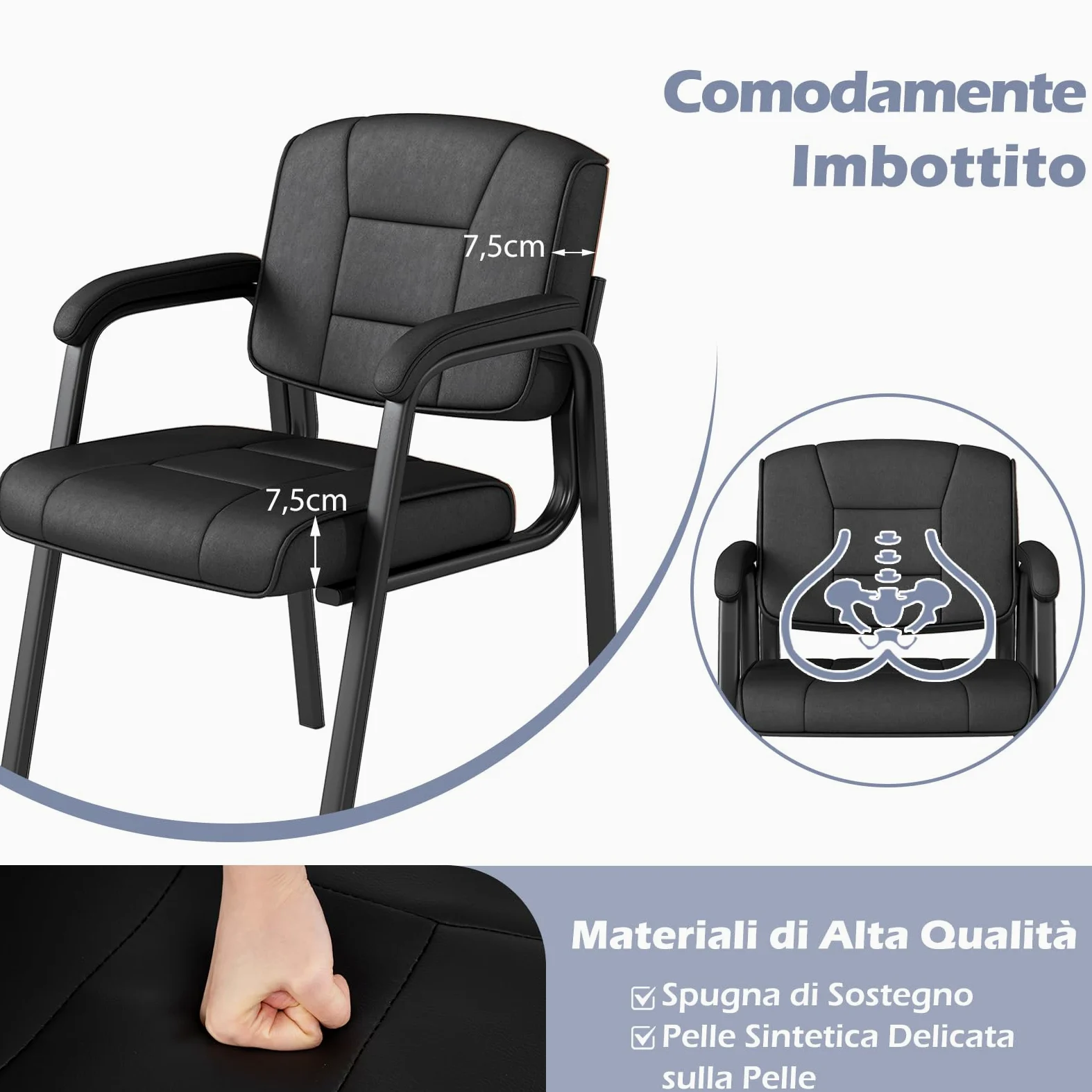 COSTWAY Set di 2 Sedie da Ufficio, Sedia per Sala d'Attesa con Struttura in Metallo, Braccioli Imbottiti, Sedia da Ospiti per Ufficio Riunioni, Portata 180kg (Nero)