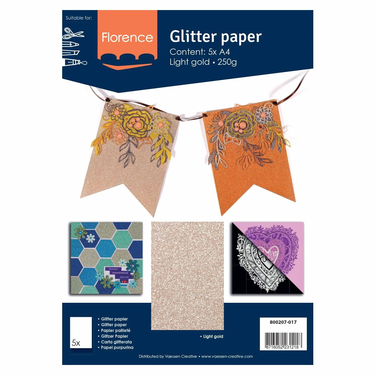Florence Cartoncino glitterato A4 oro chiaro 5 fogli 250 g/m² carta artigianale album