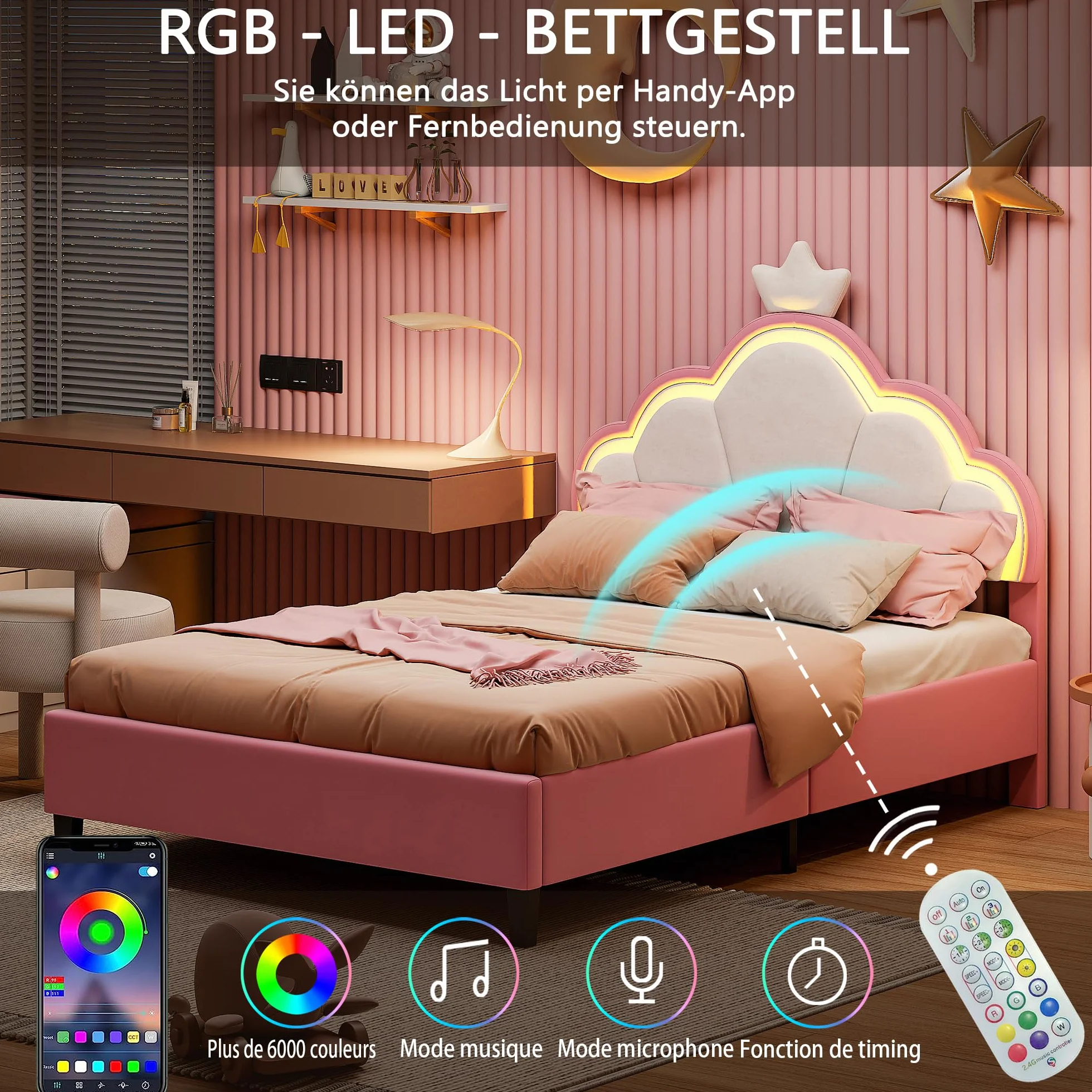 Letto matrimoniale per bambini 140 x 200 cm, letto da ragazza principessa con LED, testiera regolabile a forma di corona, telaio del letto imbottito con rete a doghe, per bambini e adulti