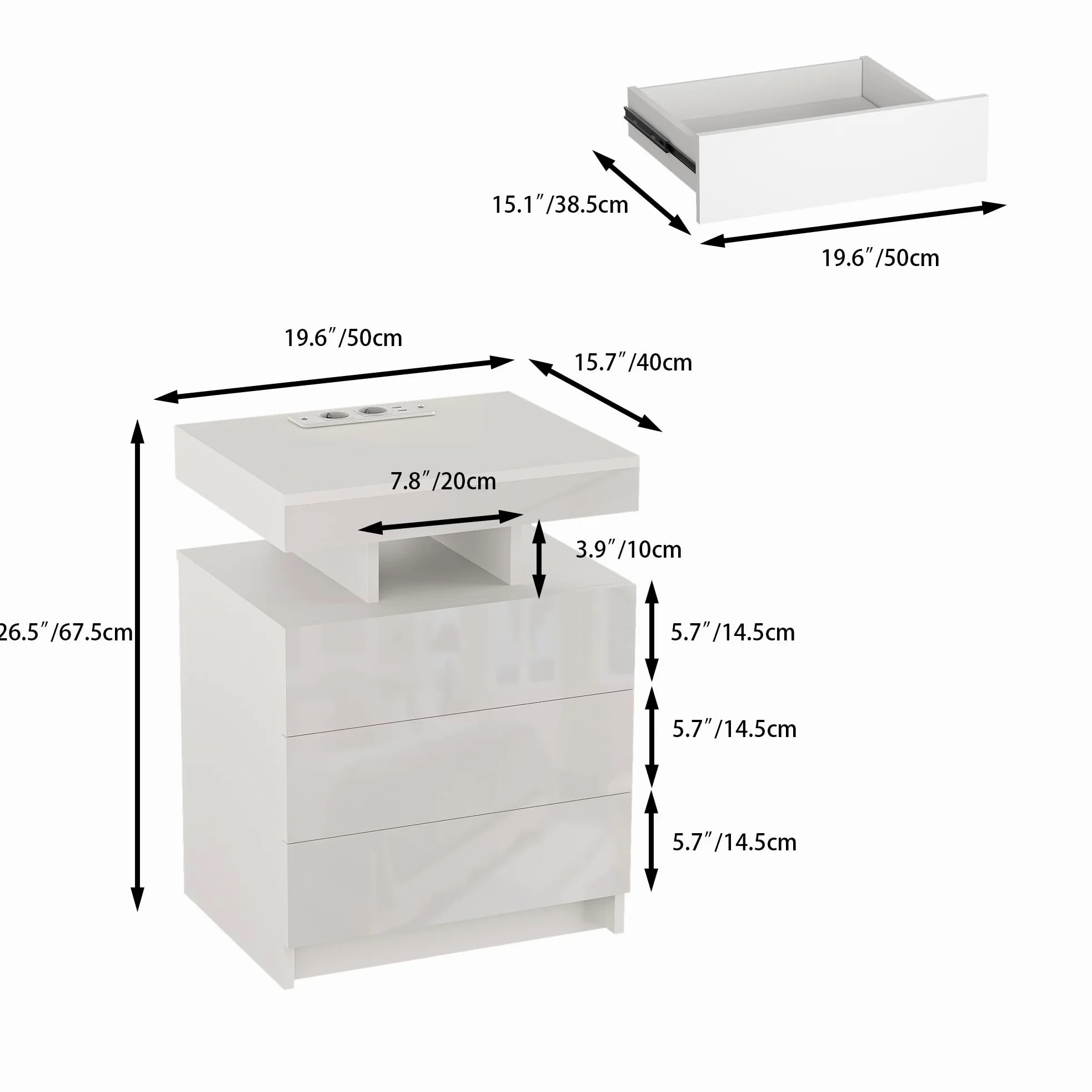 Set 2 Comodino con Presa Elettrica e LED RGB, comodini camera da letto Moderni a 3 Cassetti Laccati e Antrato Aperto, 2 AC 2 USB LED RGB e Telecomando, per Soggiorno, Bianco 50cm Larghezza