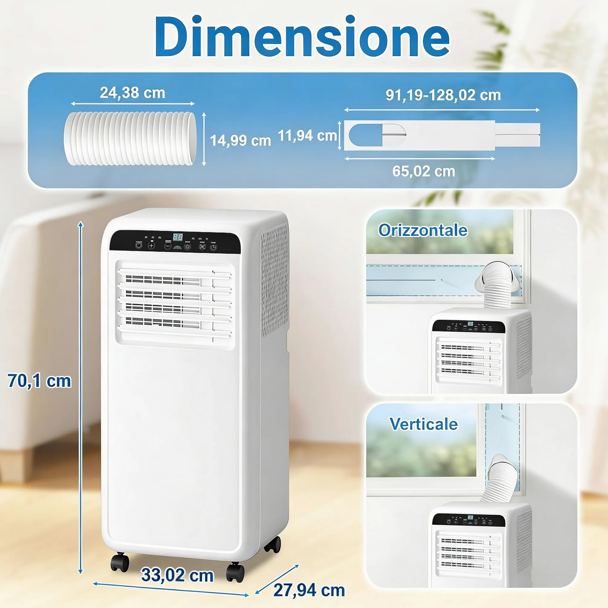 Climatizzatore portatile 9000 BTU 3-in-1 fino a 35 m²: raffreddamento, ventilazione e deumidificazione. Con telecomando, kit installazione, timer 24h e funzionamento silenzioso