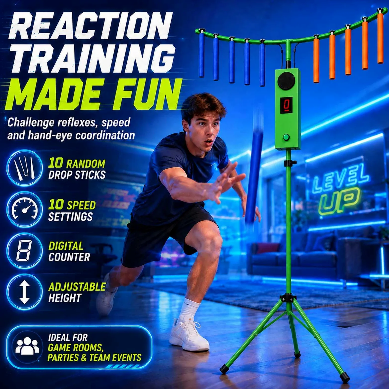 Arcade Reflex Challenge Game - Formazione di coordinazione occhio-mano con 10 bastoncini, luci LED e musica per feste, riunioni di famiglia ed eventi di squadra