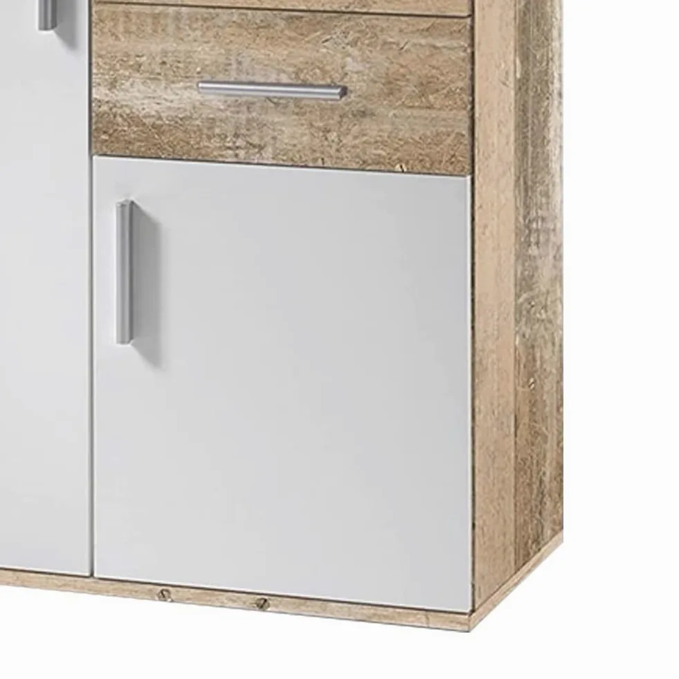 BAKAJI Mobile Madia con 2 Cassetti Doppia Anta e 2 Ripiani Interni Mobiletto Credenza Armadio Multiuso Cucina Bagno Ufficio Design Moderno Dimensioni 82x35x80cm (Bianco e quercia effetto legno)