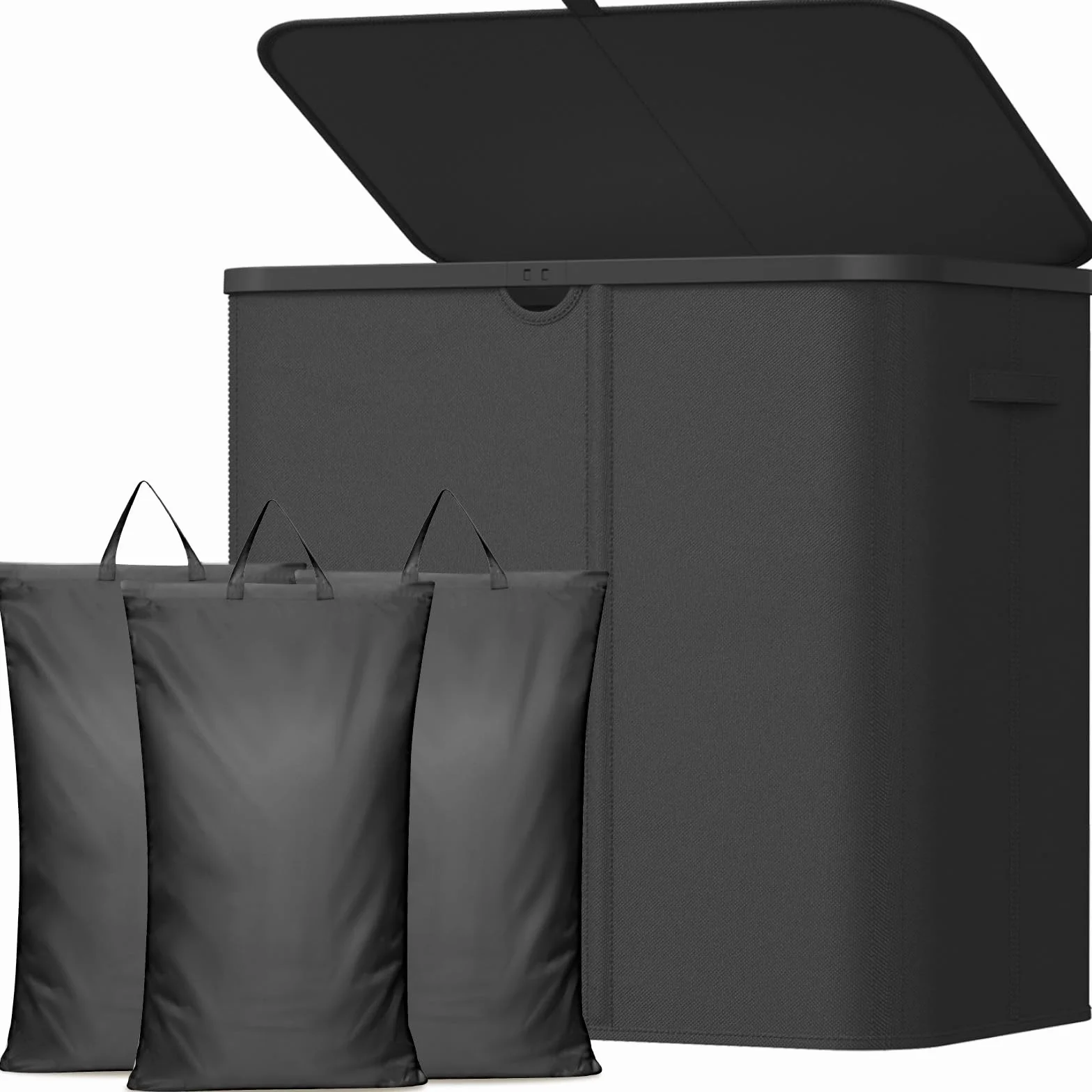 Lifewit Cesto Portabiancheria con Coperchio, Grande Portabiancheria Pieghevole a 3 Scomparti con Sacchi Rimovibili, Laundry Basket per Camera da Letto, Bagno e Lavanderia, 150L, Nero