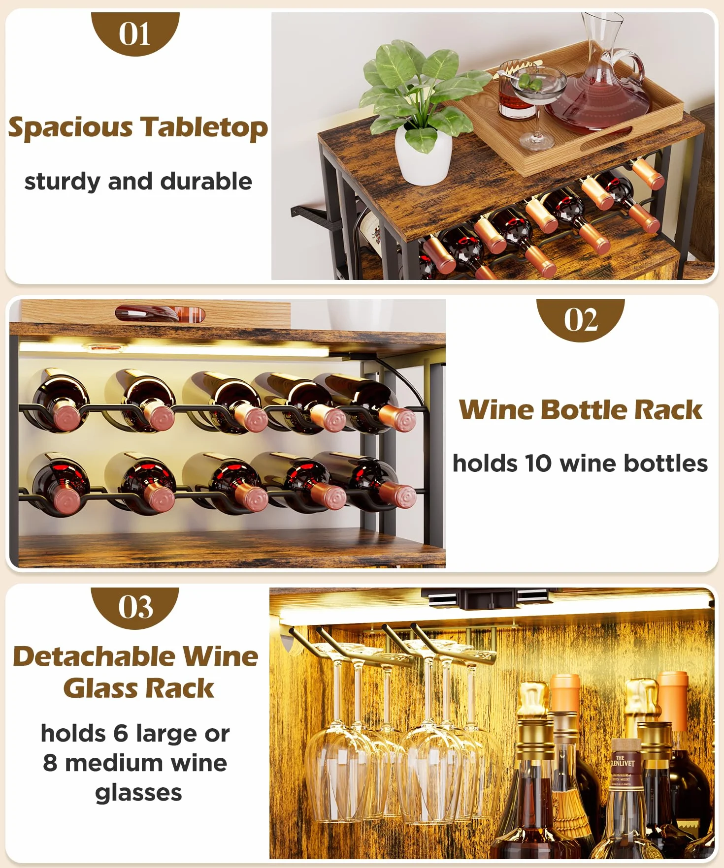 Yorbay Mobili Portabottiglie con Luci LED: Mobile Bar Autoportante con Anta a Griglia per 10 Bottiglie e 6 Bicchieri - Scaffale per Vini in Stile Industriale per Cucina Soggiorno Sala da Pranzo