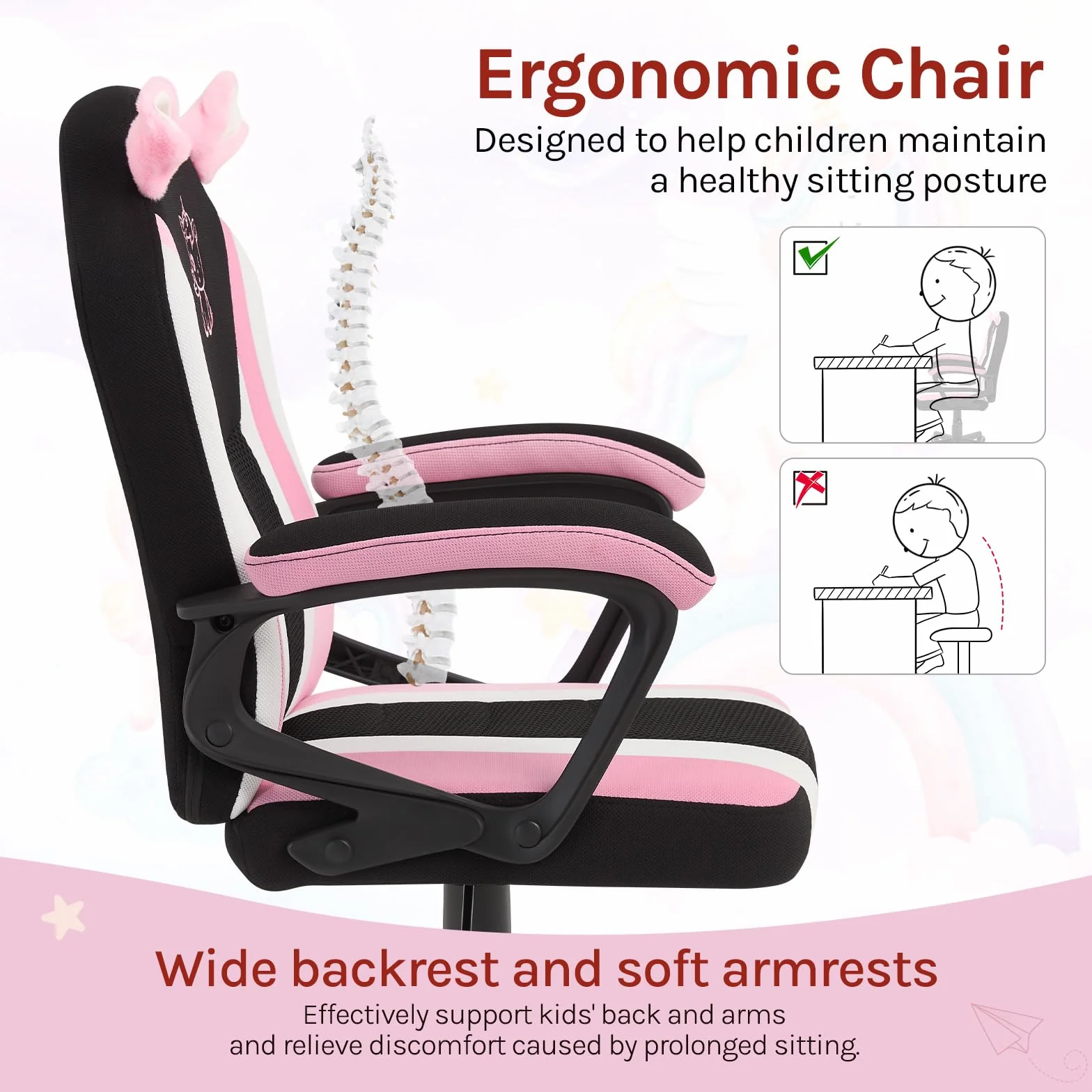 WOLTU Sedia da gioco per bambini, sedia da scrivania ergonomica per bambini con schienale e braccioli, con ruote alternative ponderate, superficie in tessuto a rete, motivo Unicorno