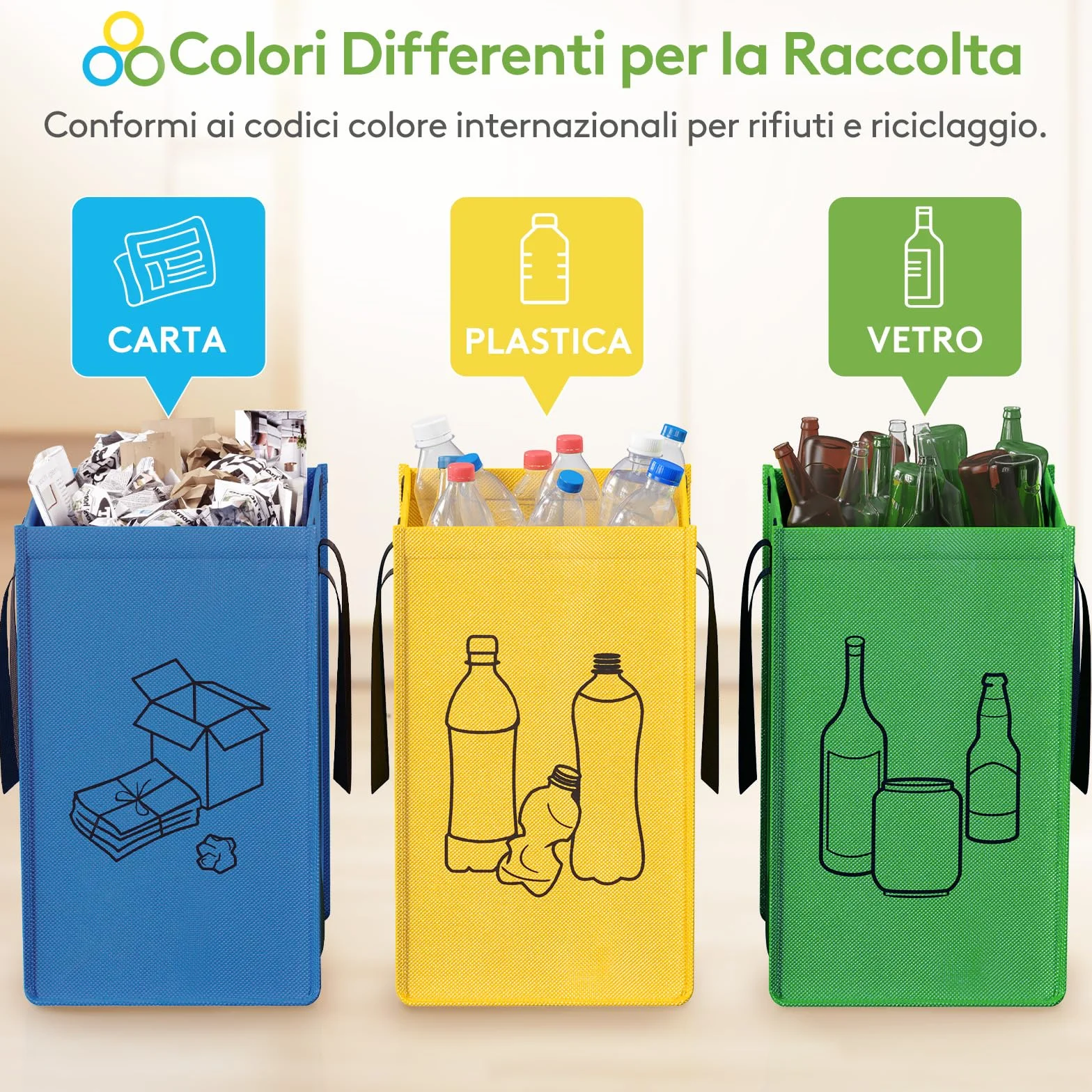 Lifewit Set di 3 Borse Raccolta Differenziata 45 L, Bidoni Differenziata Interno in 3 Colori, Raccolta Differenziata Esterno per Carta, Plastica, Vetro e Bottiglie
