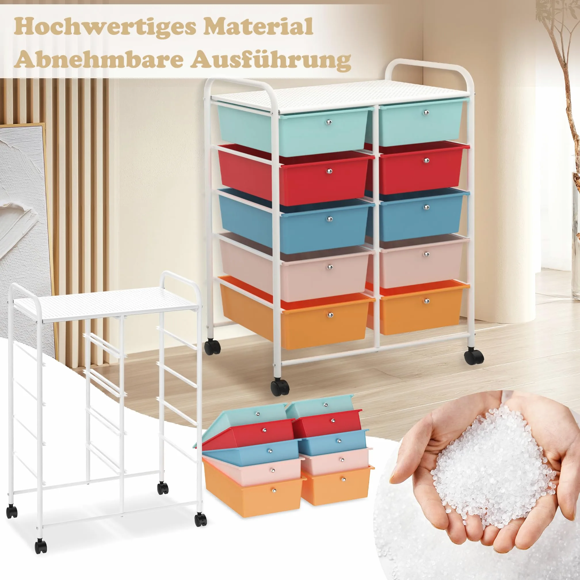 Carrello con 10 cassetti, impilabile, colorato, con struttura in metallo e ripiano, per ufficio, soggiorno (65 x 37 x 87 cm)