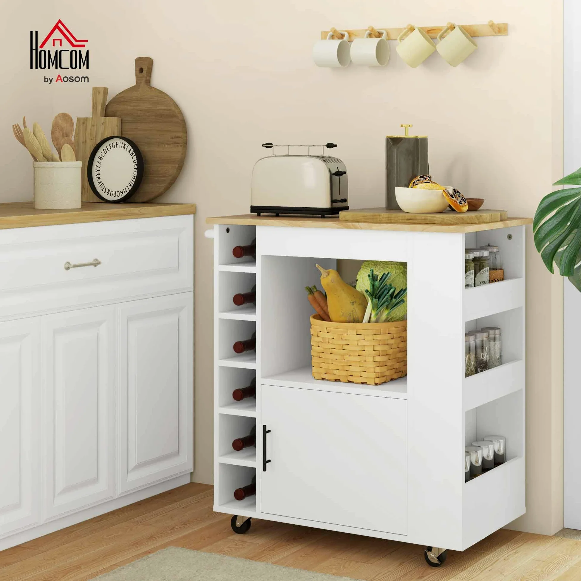 HOMCOM Carrello da Cucina con 6 Portabottiglie, 3 Ripiani Laterali e Armadietto con Cerniere Ammortizzate, Mobiletto Cucina con Portasciugamani e Piano in Legno di caucciù, 83x40x83cm, Rovere