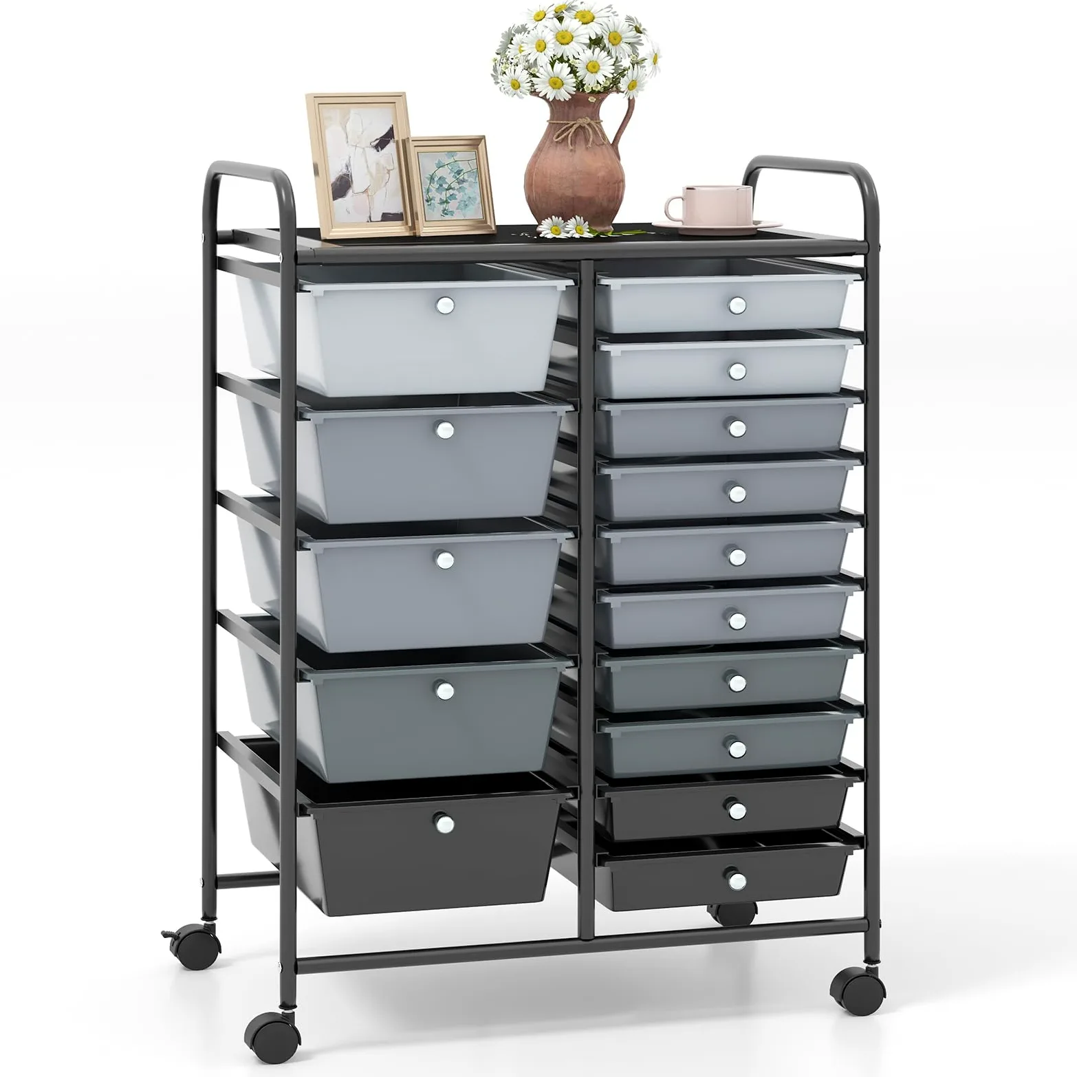 COSTWAY Carrello con 15 Cassetti Impilabili, Carrello di Stoccaggio con Ruote, Carello Portaoggetti per Casa e Ufficio, 63 x 37 x 87 cm (Nero 2)