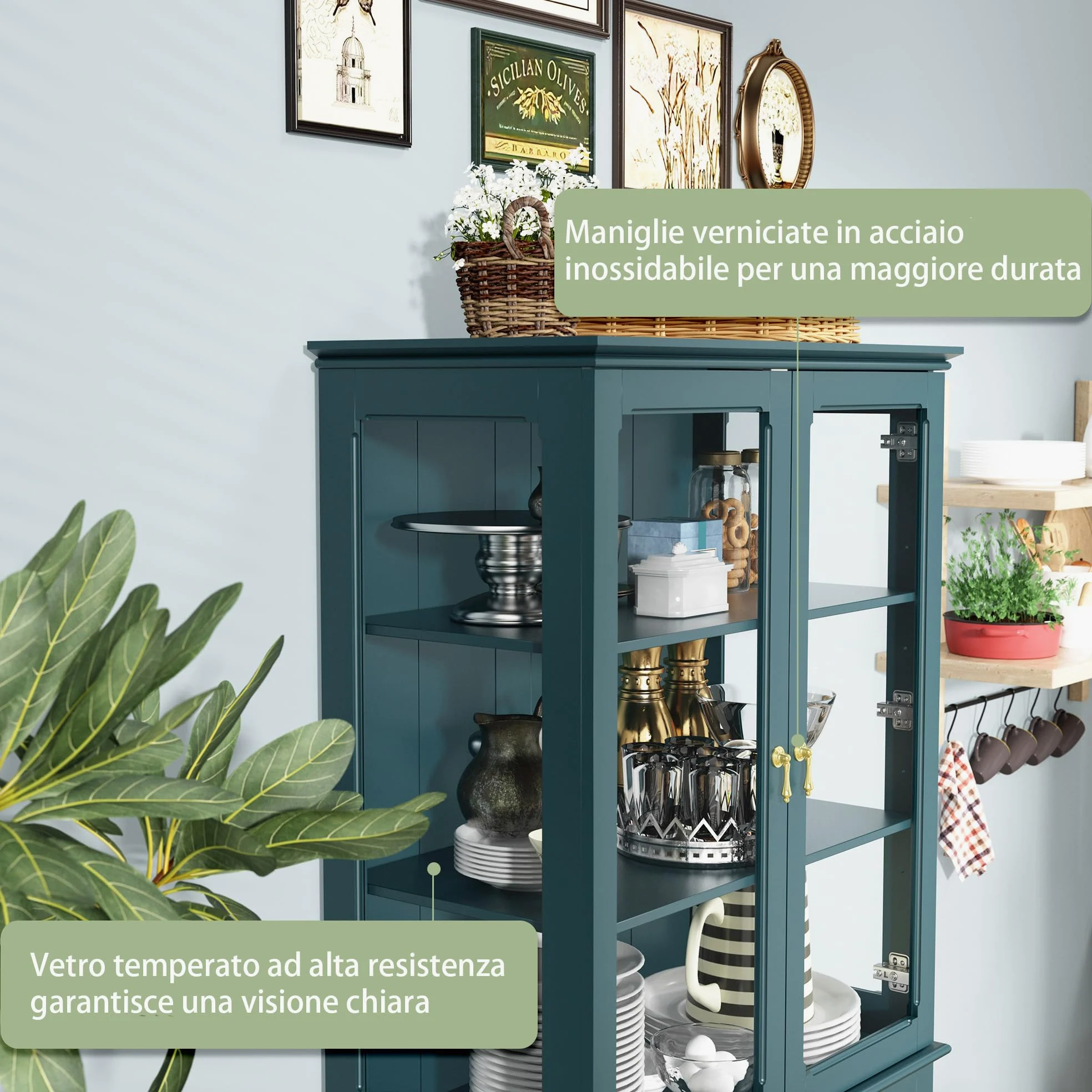 HOLTICO Vetrina Espositiva Soggiorno, Armadio Cucina Indipendente con Ante in Vetro e Legno, Cristalliera Classica con Ripiani Regolabili, Mobili Cucina per Collezionismo, Cucina e Soggiorno, verde