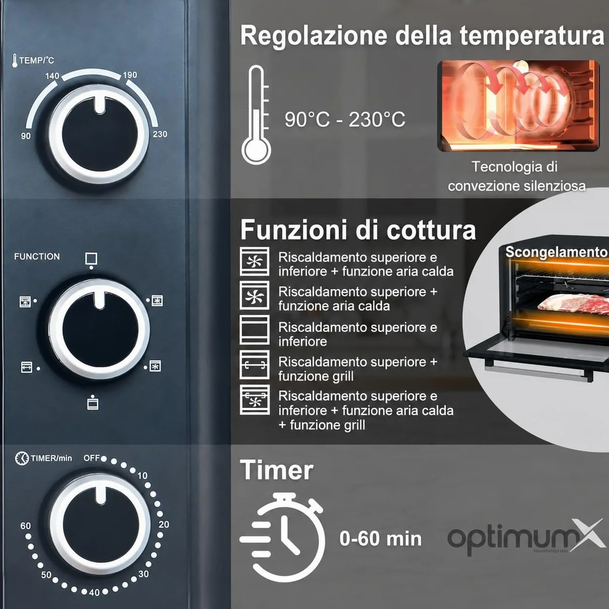 OptimumX Forno Elettrico 60L Ventilato 2200W Girarrosto Nero