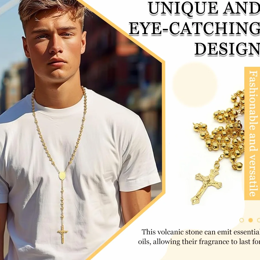 Collana con ciondolo religioso, con pendente croce di Gesù Cristo, unisex Metallo colore placcata oro, Collana da Uomo Donna Preghiere Promessa Perline e Occhio Maligno Idee Regalo
