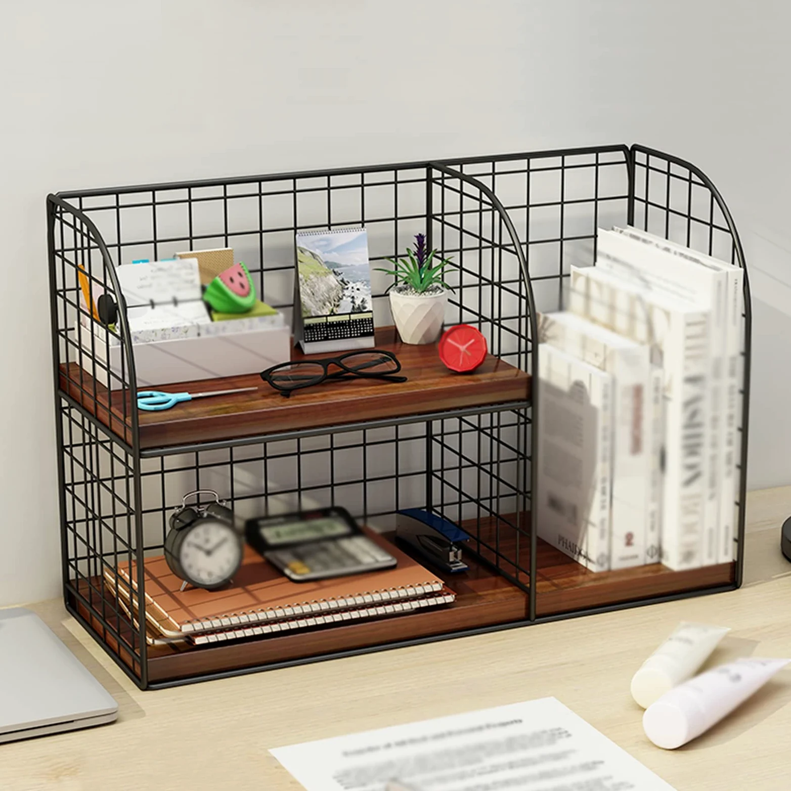Vetrina Organizer da scrivania in rete for ufficio con pannello dello scomparto marrone, organizer in metallo scaffale for nero, 15,7 x 6,2 9,8 pollici, 1 confezione Libreria