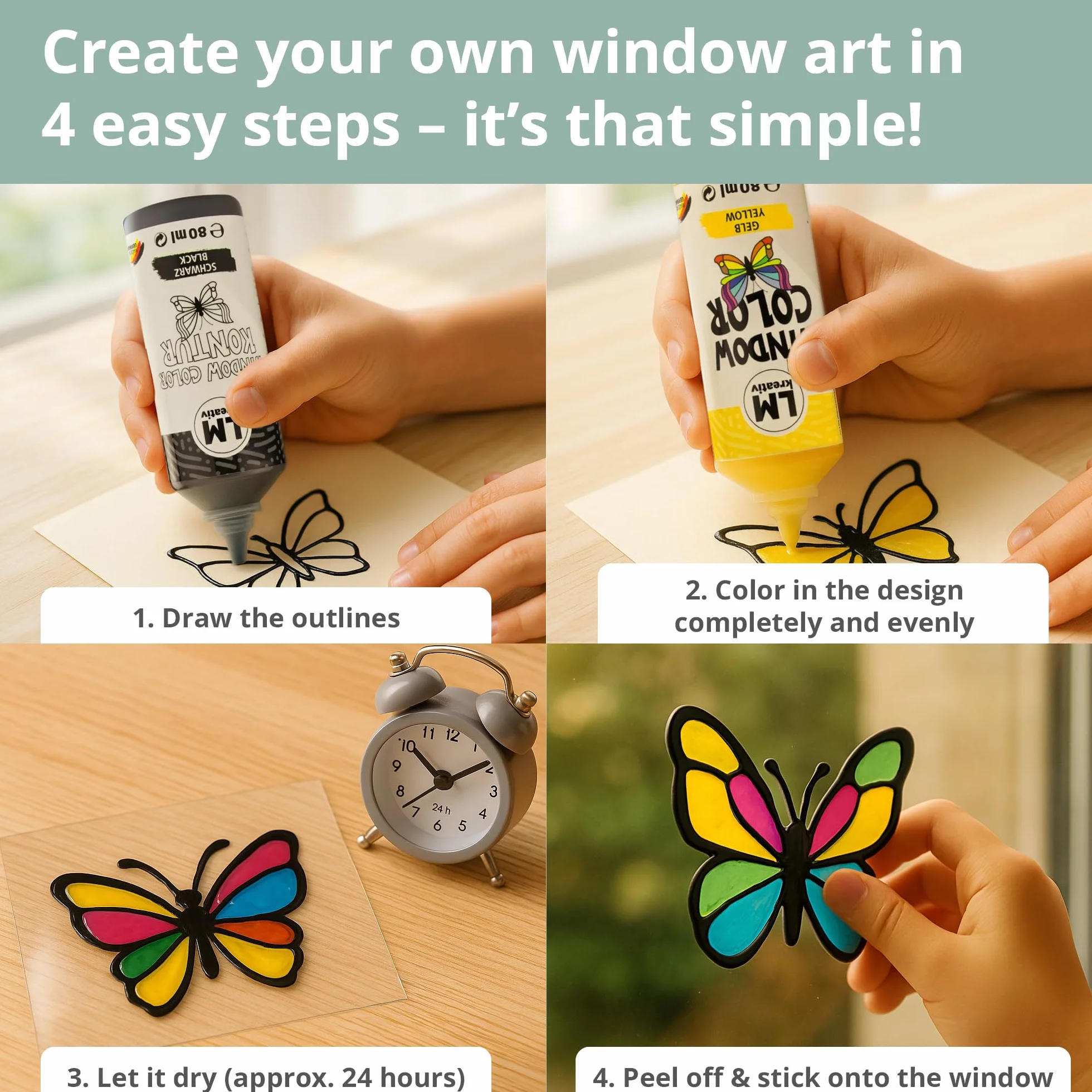 Set Window Color LM 17×80 ml Pittura per bambini riposizionabile per finestre con contorni e modelli
