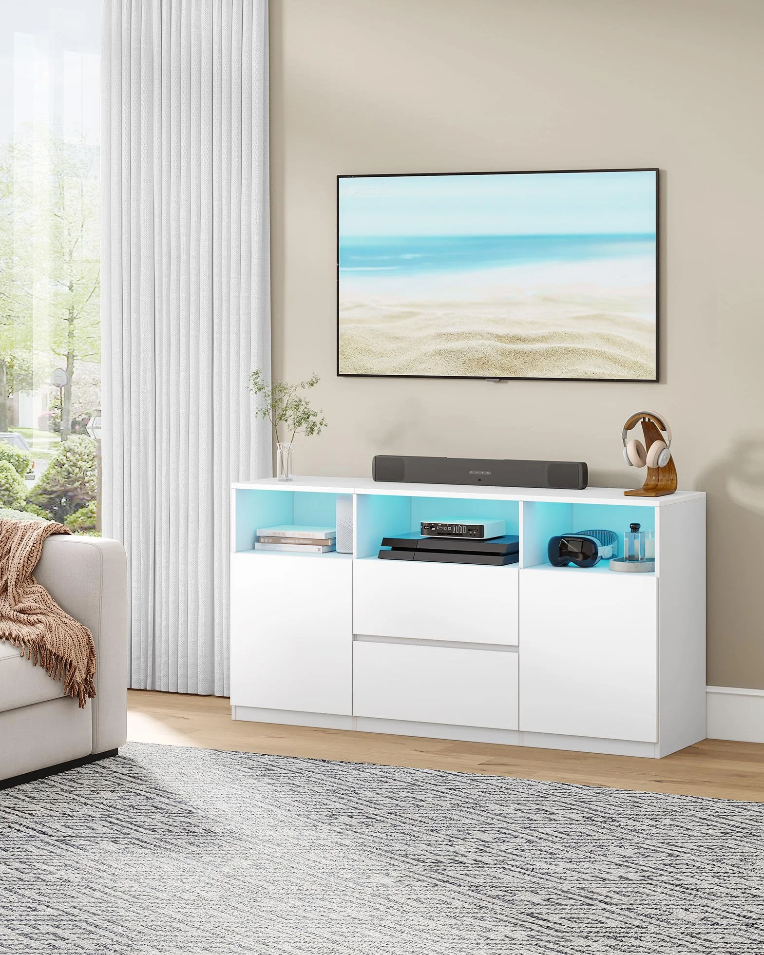 Hzuaneri Mobile TV, Tavolino Porta TV fino a 65 Pollici, con 2 Cassetti, 2 Gabinetto, 3 Scomparti Aperti, Luci LED, 147 x 40 x 76 cm, Soggiorno, Camera da Letto, Bianco TV17003XEU