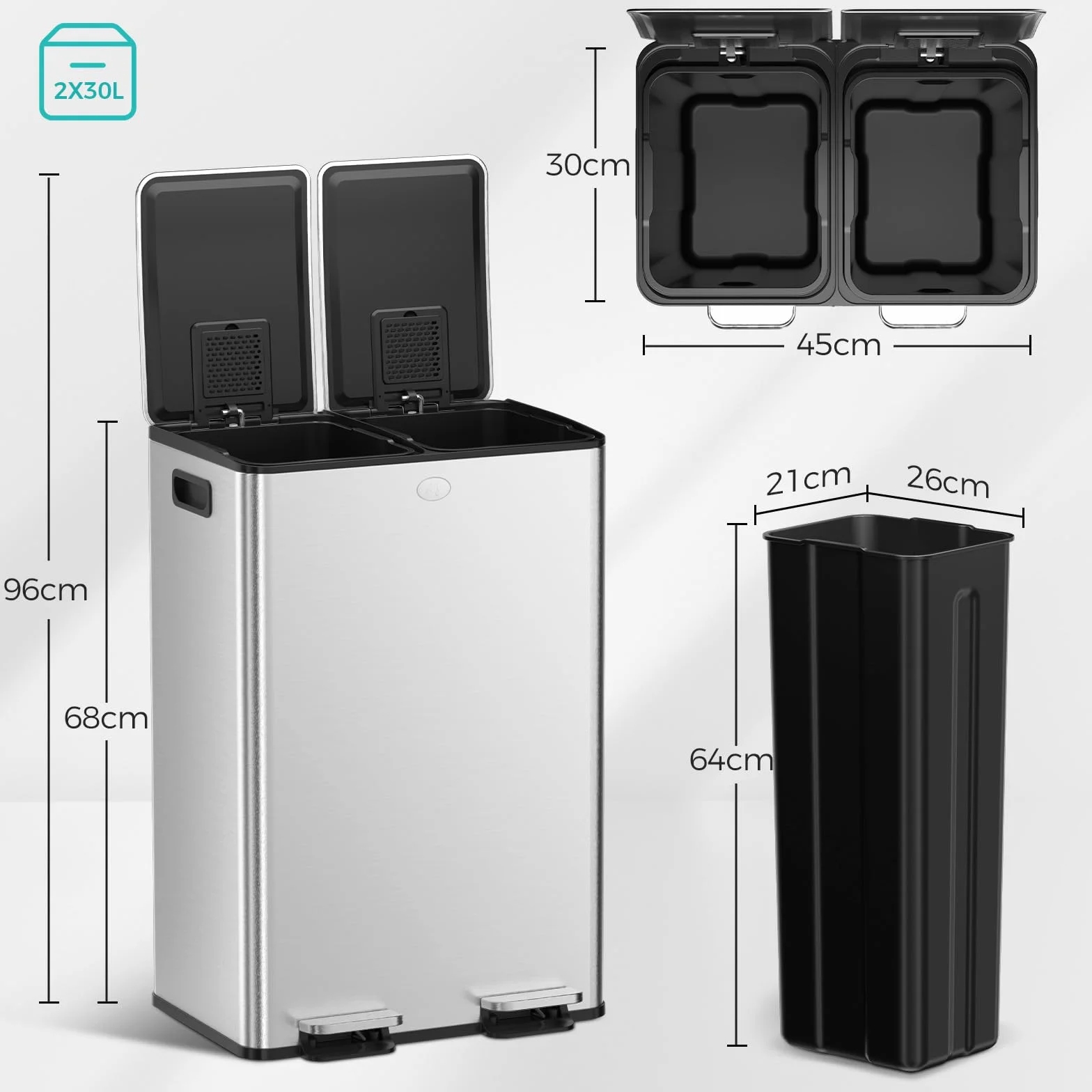 YASHE Pattumiera a Doppio Scomparto con Coperchio, 2x30L Pattumiera Differenziata per Cucina, Pedale con 20 Sacchetti, Secchi Interni Rimovibili, Soft-Close e 2 Filtri al Carbone