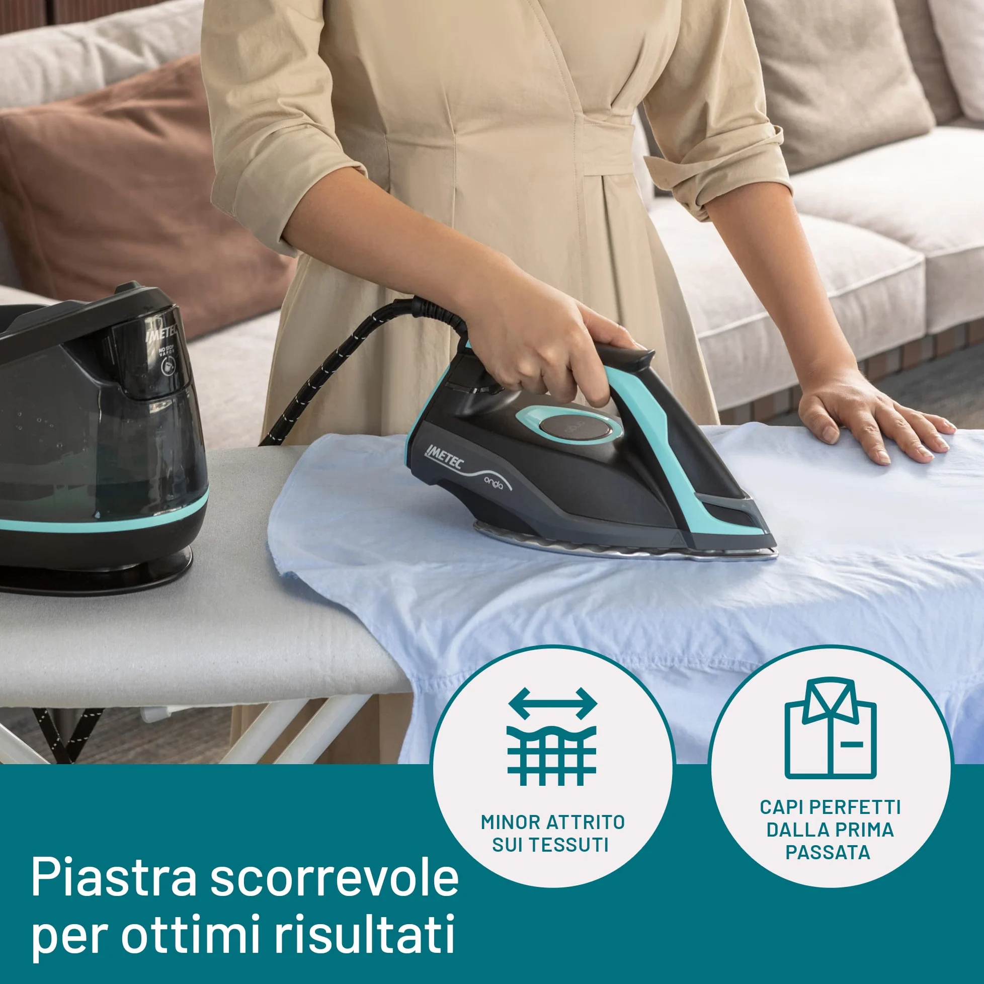 Imetec Onda P1 Ferro da Stiro Generatore di Vapore, Piastra a Onde Scorrevole Brevettata, 2400W, Colpo Vapore 300 g, Serbatoio 2,5L, 3 Filtri con Ioni di Argento, Tecnologia No Stop Vapor